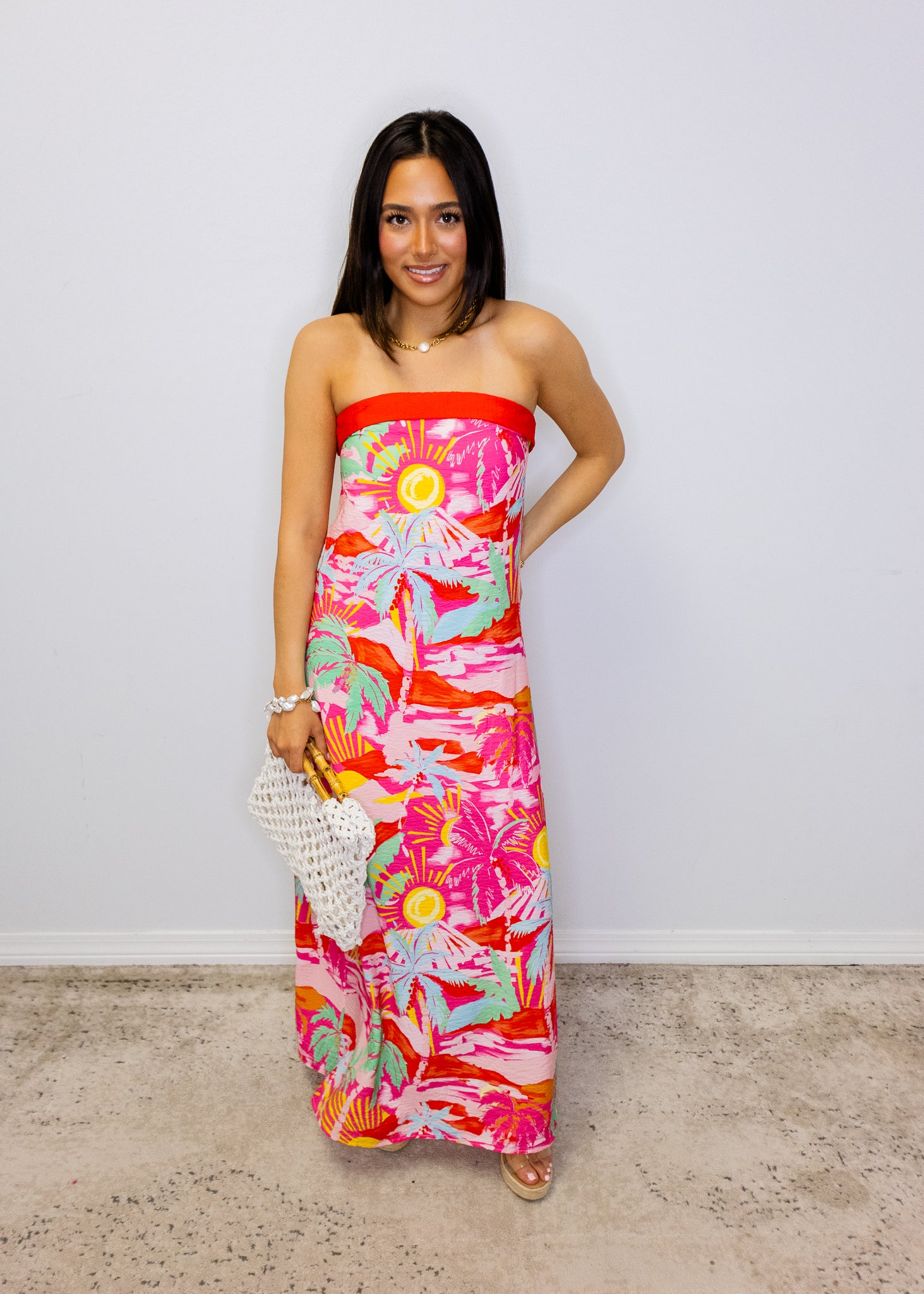 Pink Tropical Strapless Maxi Dress