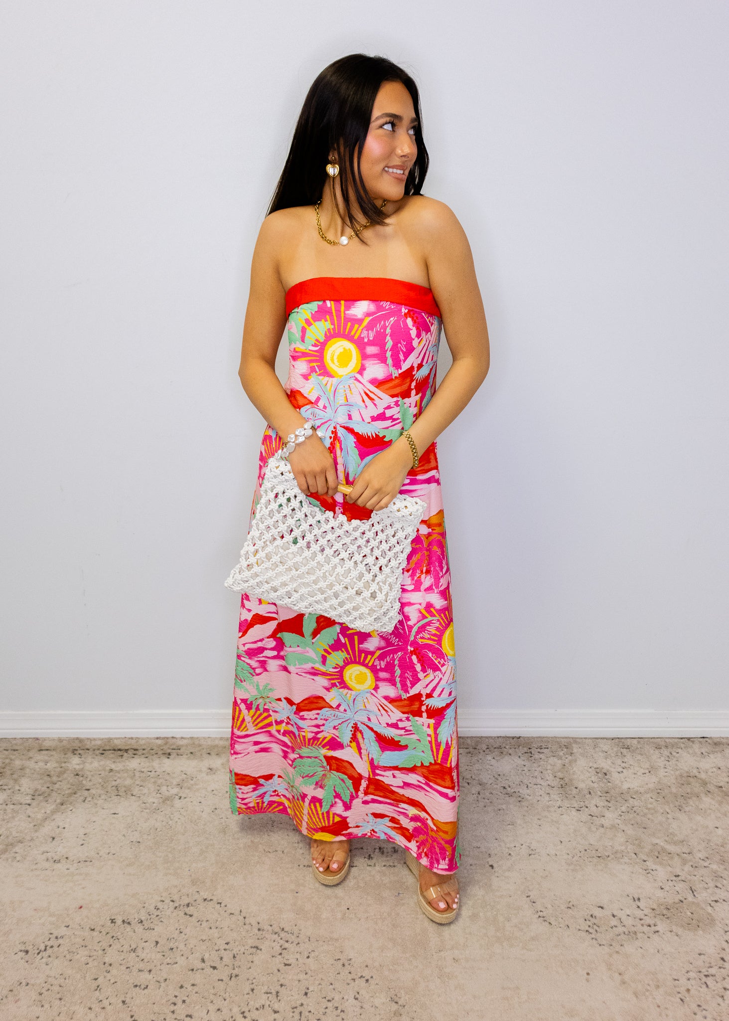 Pink Tropical Strapless Maxi Dress
