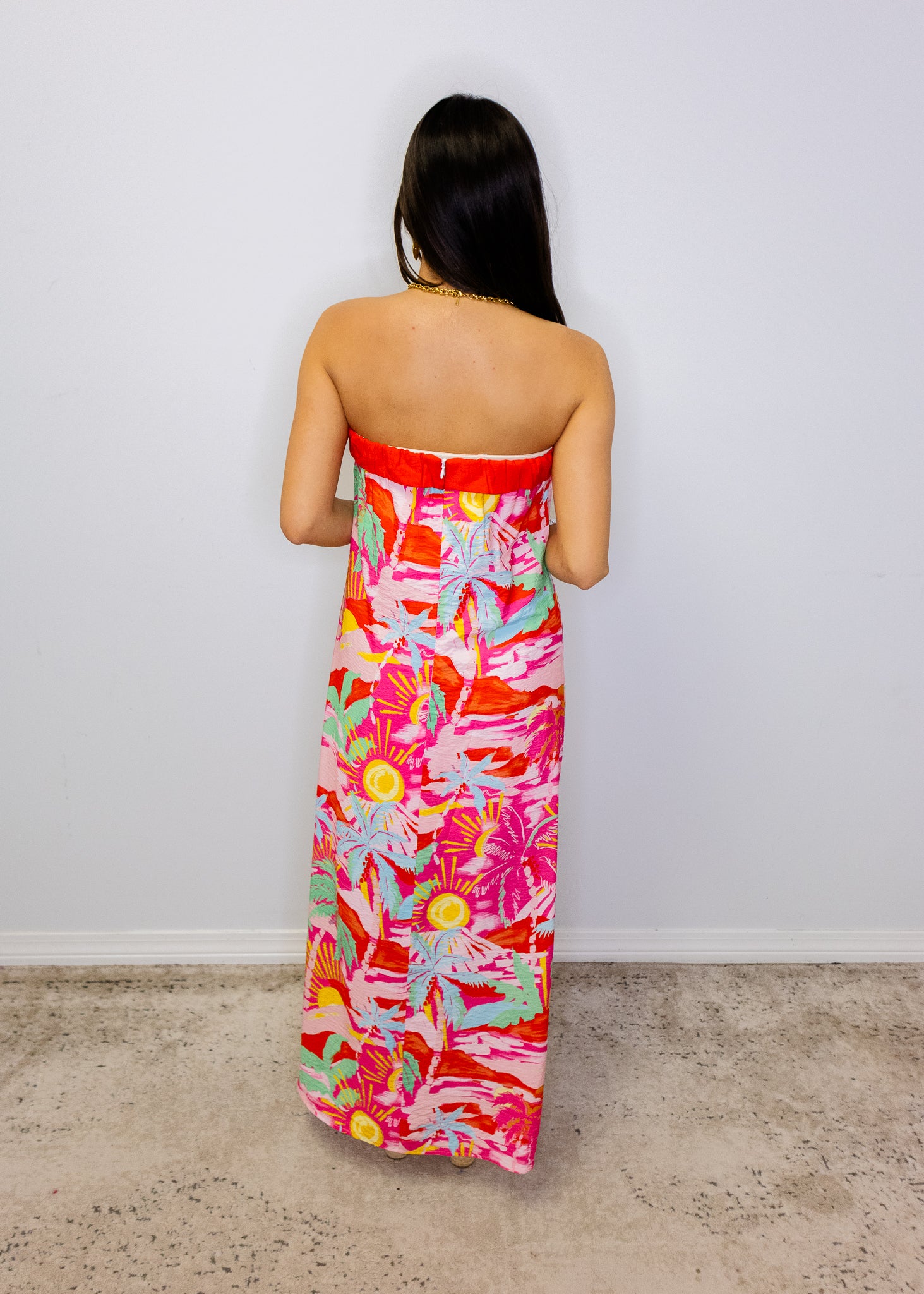 Pink Tropical Strapless Maxi Dress