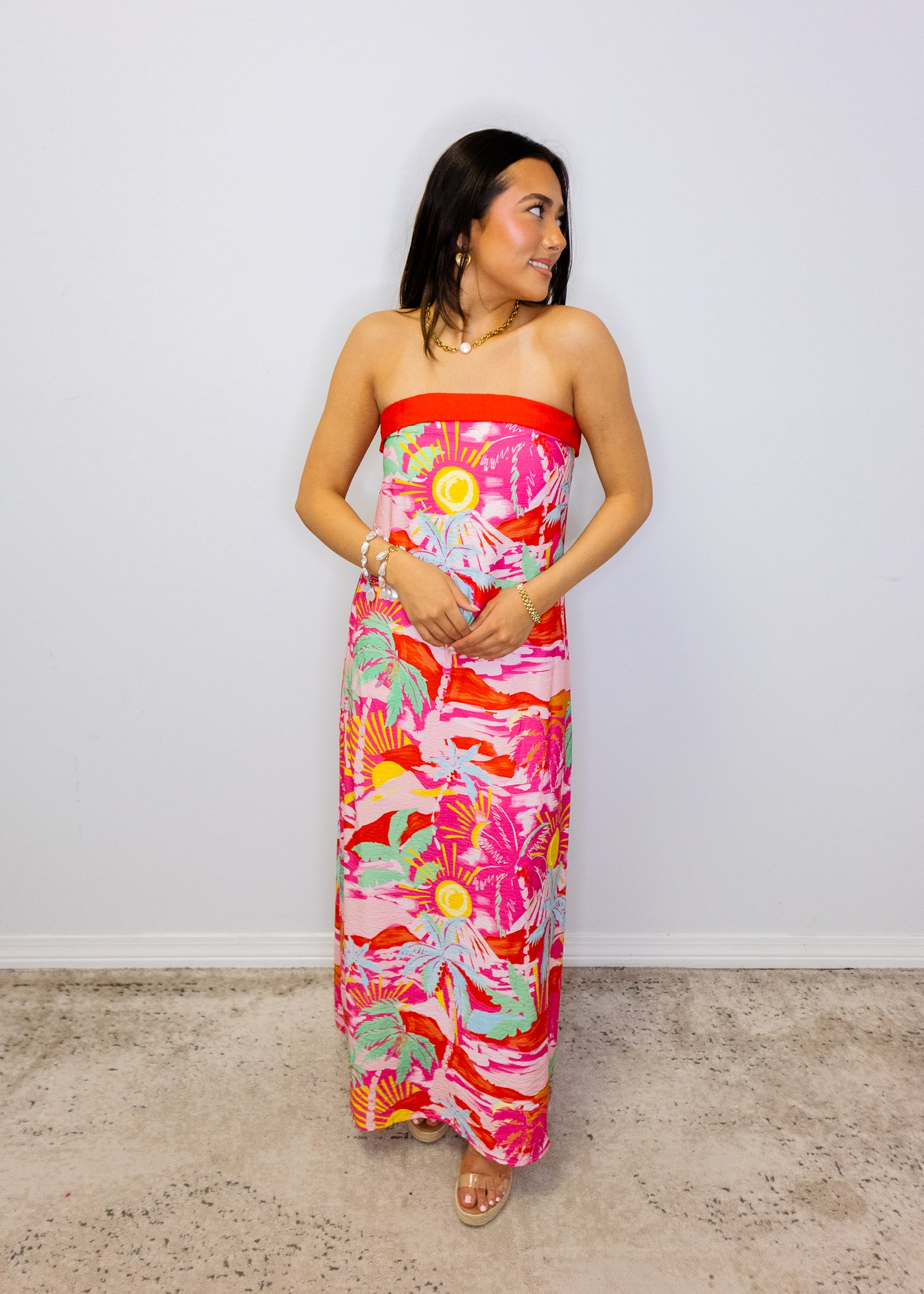 Pink Tropical Strapless Maxi Dress