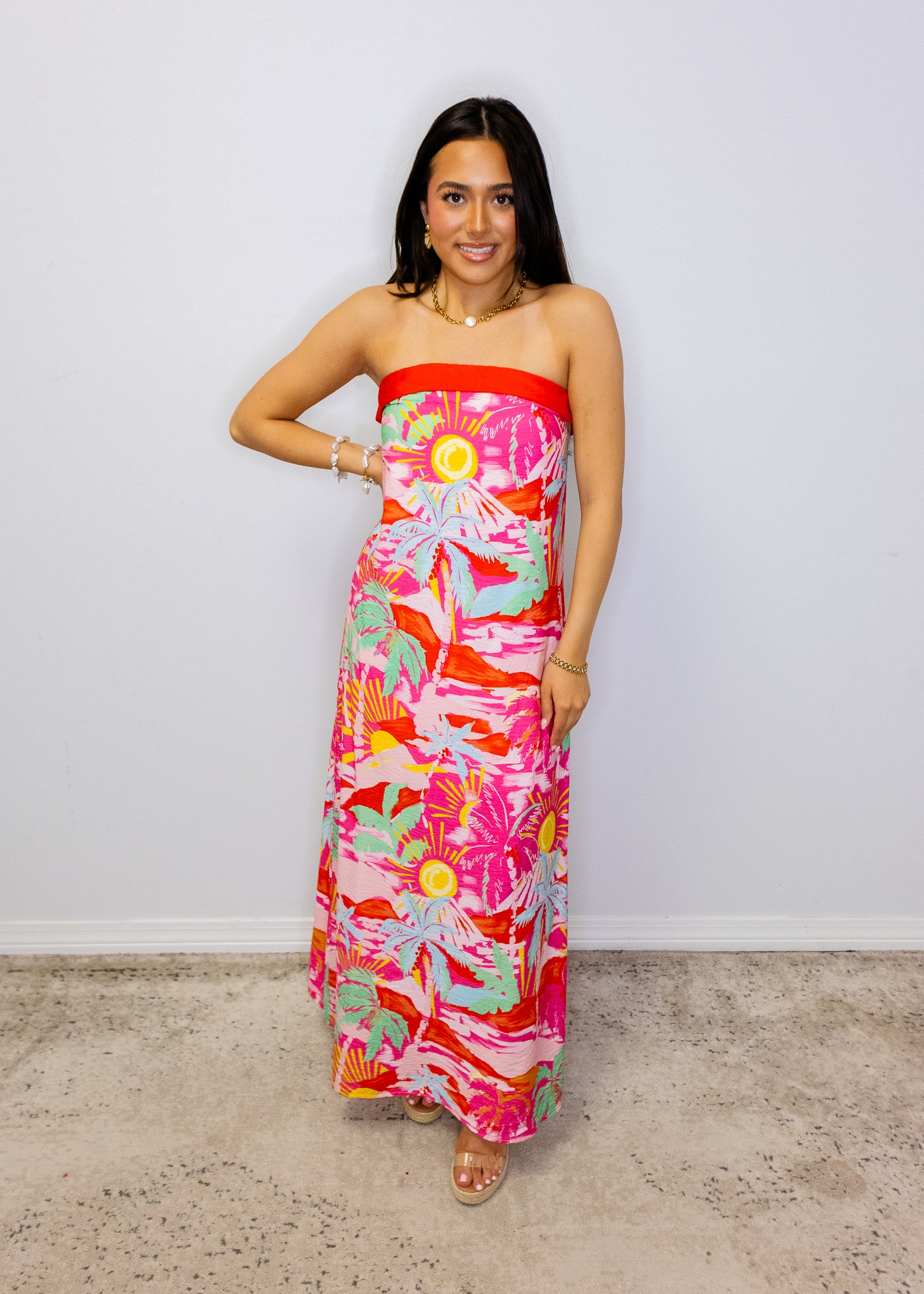 Pink Tropical Strapless Maxi Dress
