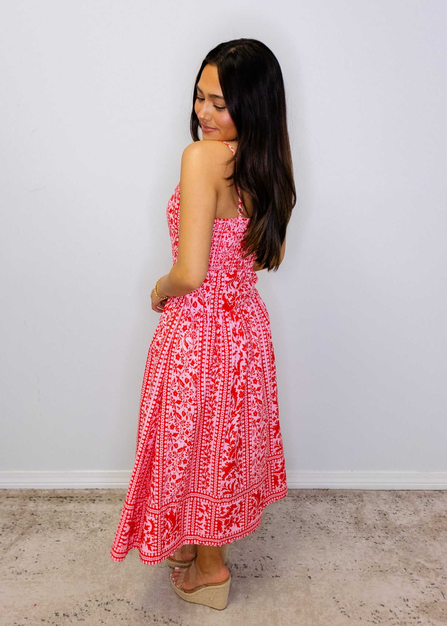 Pink & Red Gorgeous Print Midi Dress