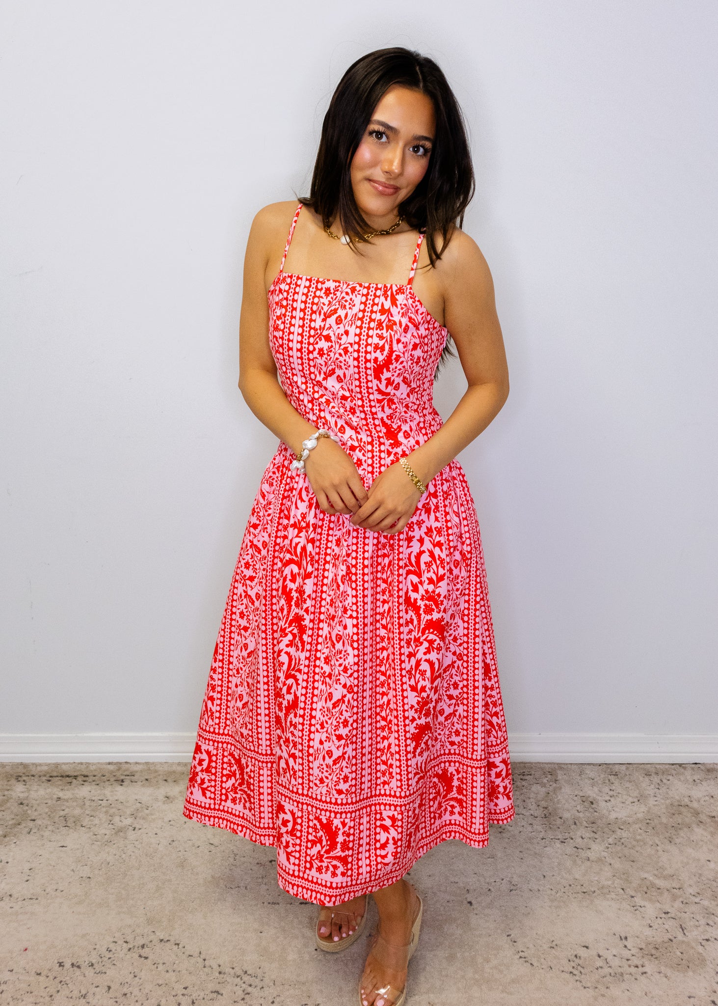 Pink & Red Gorgeous Print Midi Dress