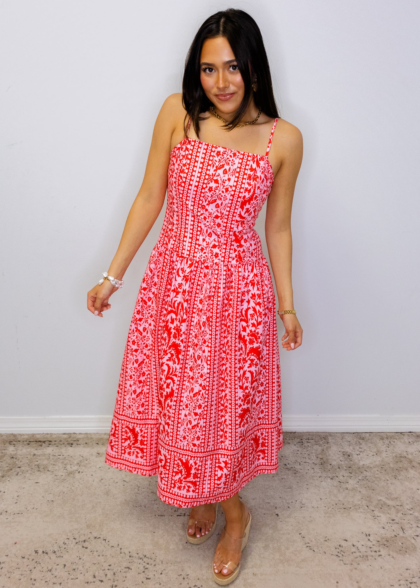 Pink & Red Gorgeous Print Midi Dress