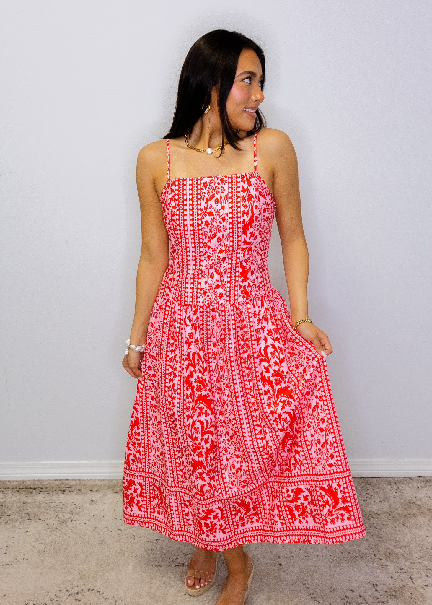Pink & Red Gorgeous Print Midi Dress