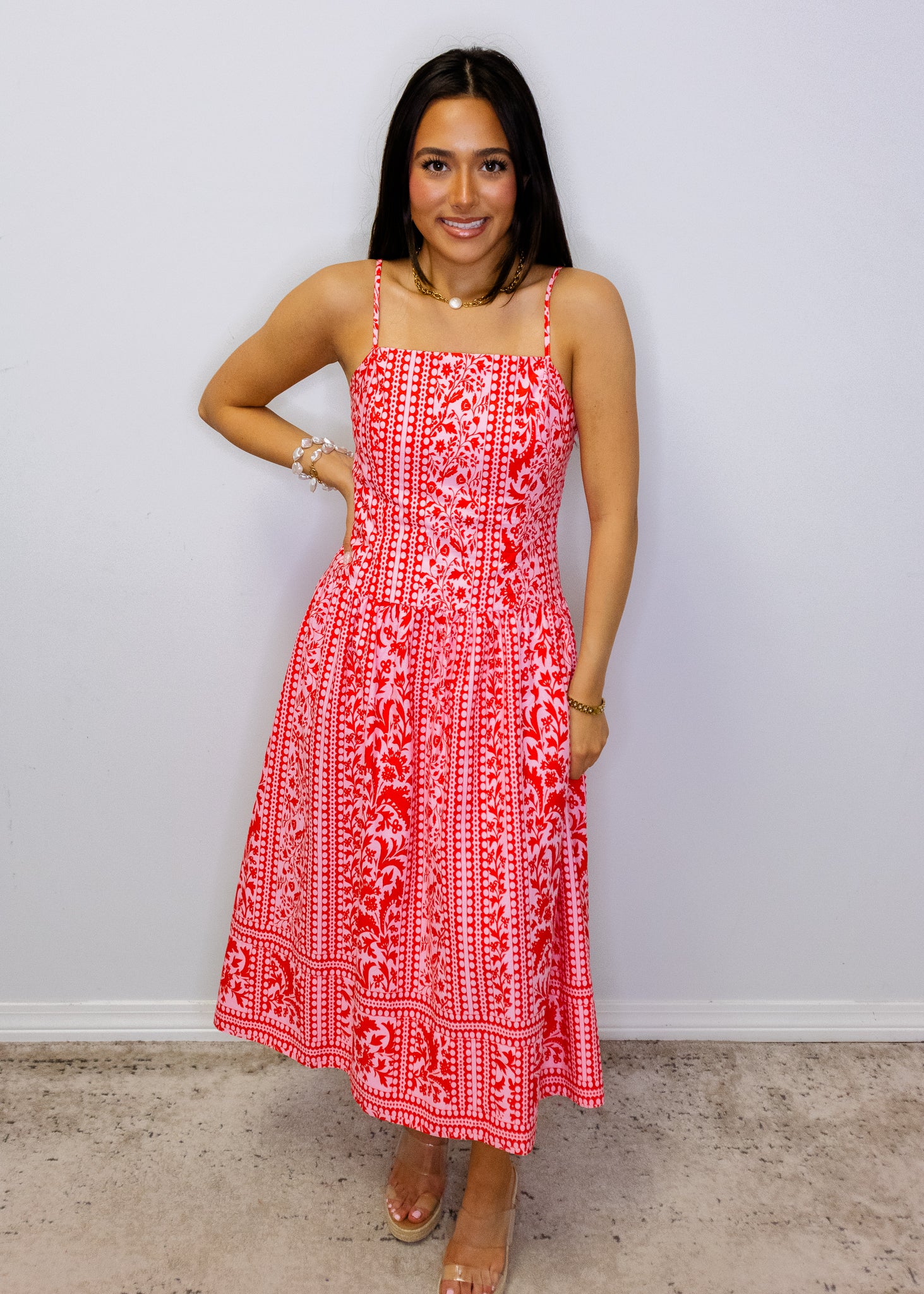 Pink & Red Gorgeous Print Midi Dress