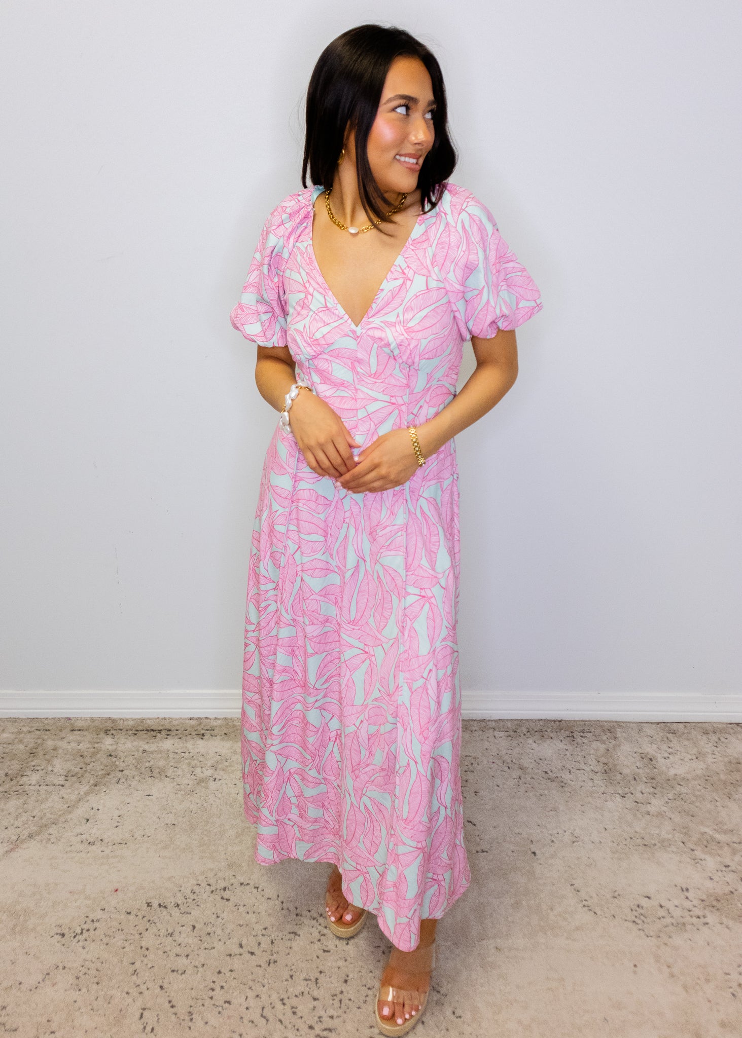 Pink Tropical Print Puff Sleeve Midi Dress