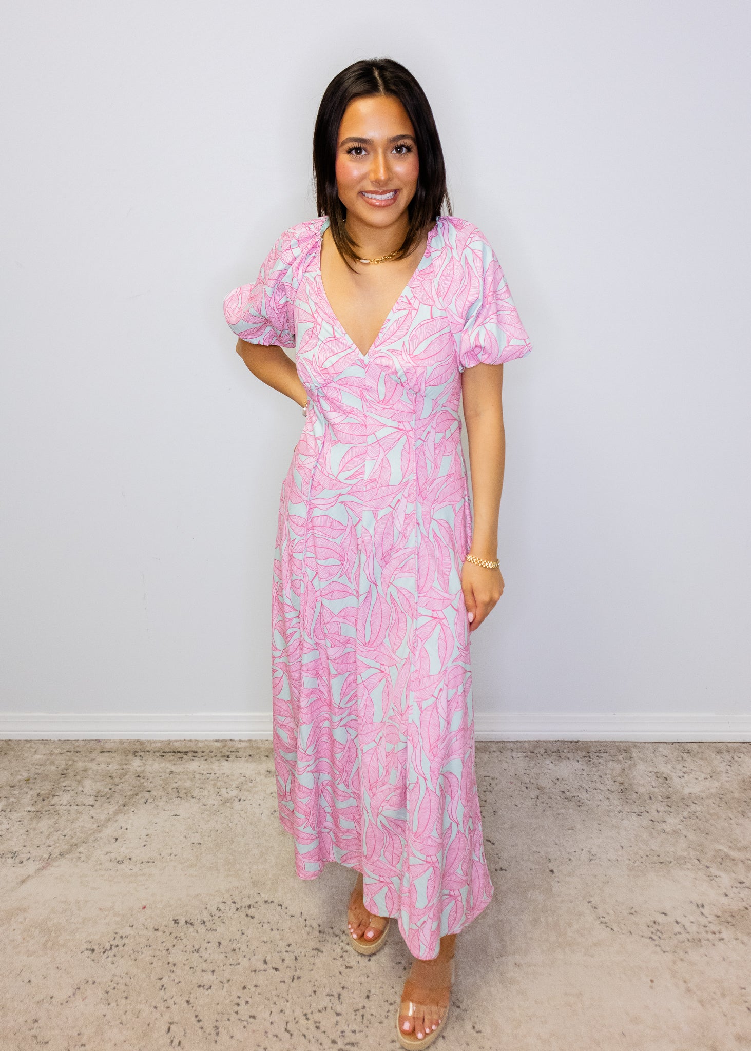 Pink Tropical Print Puff Sleeve Midi Dress