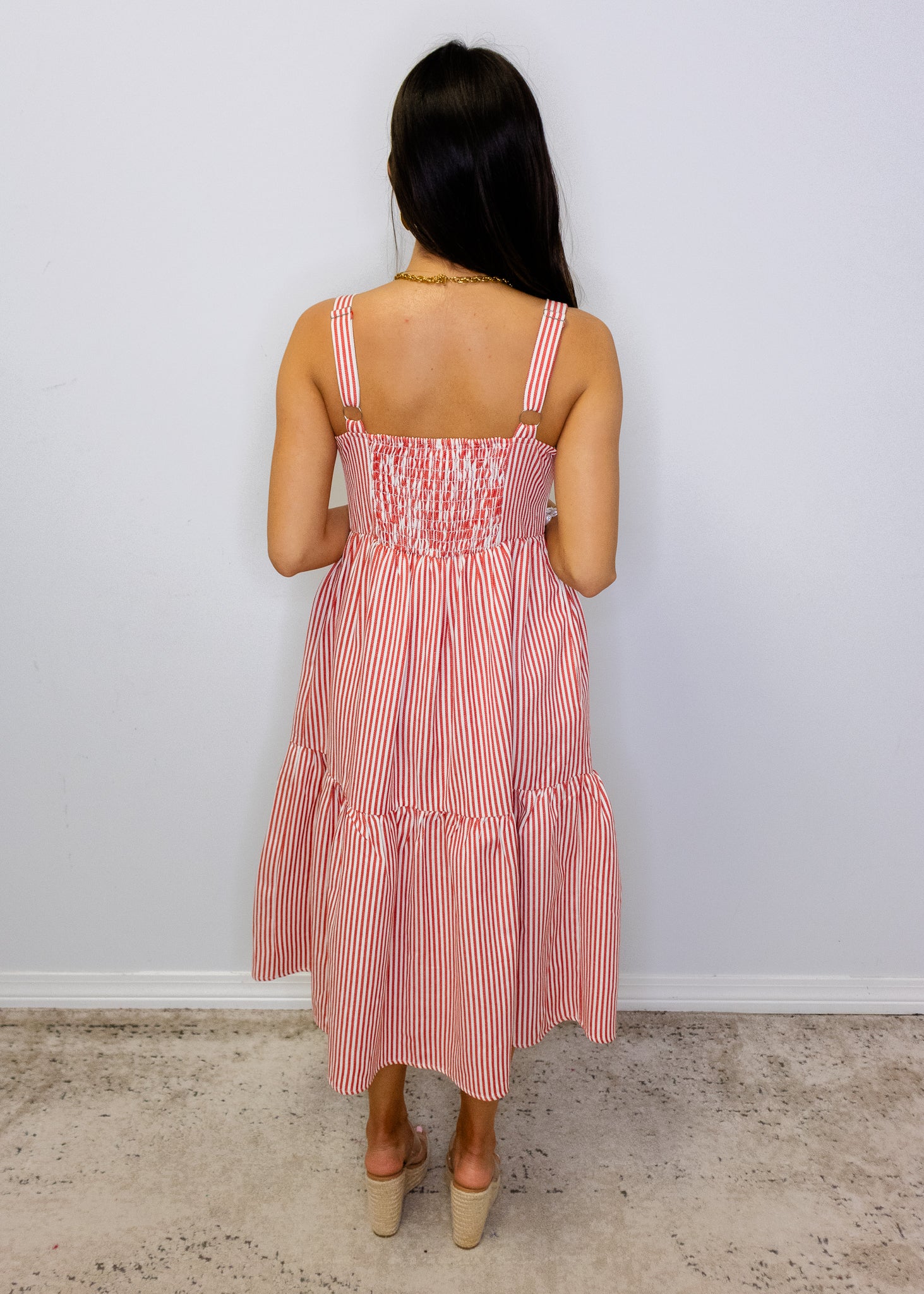 Red Striped Overall Midi Dress