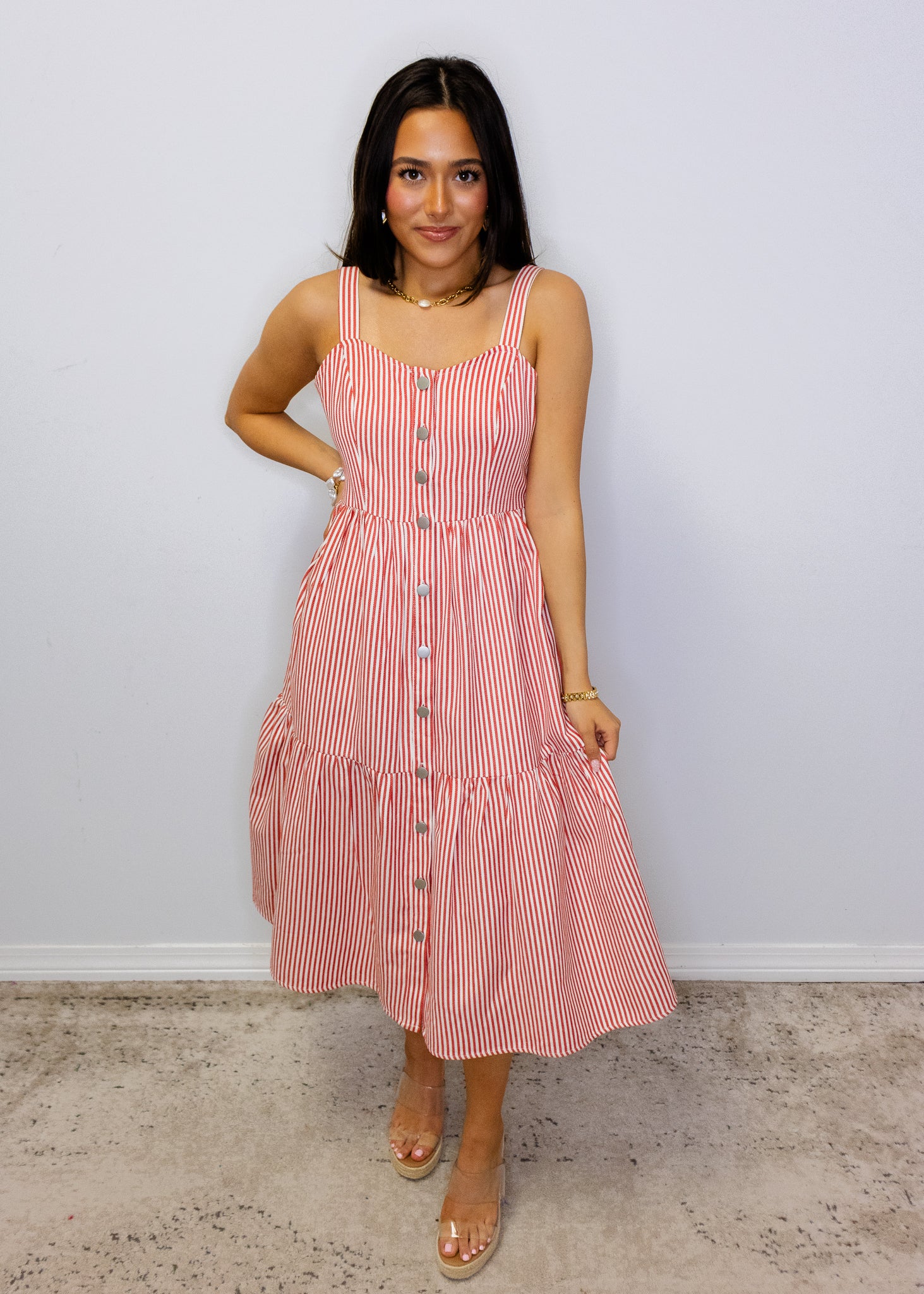 Red Striped Overall Midi Dress