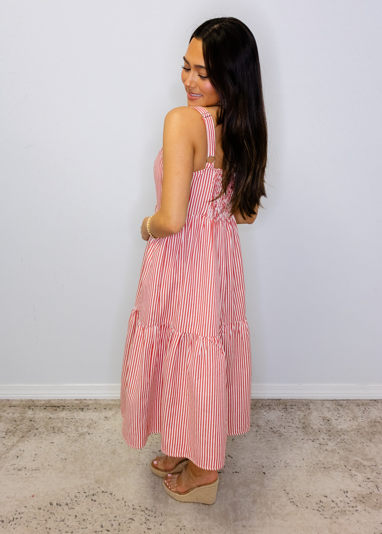 Red Striped Overall Midi Dress