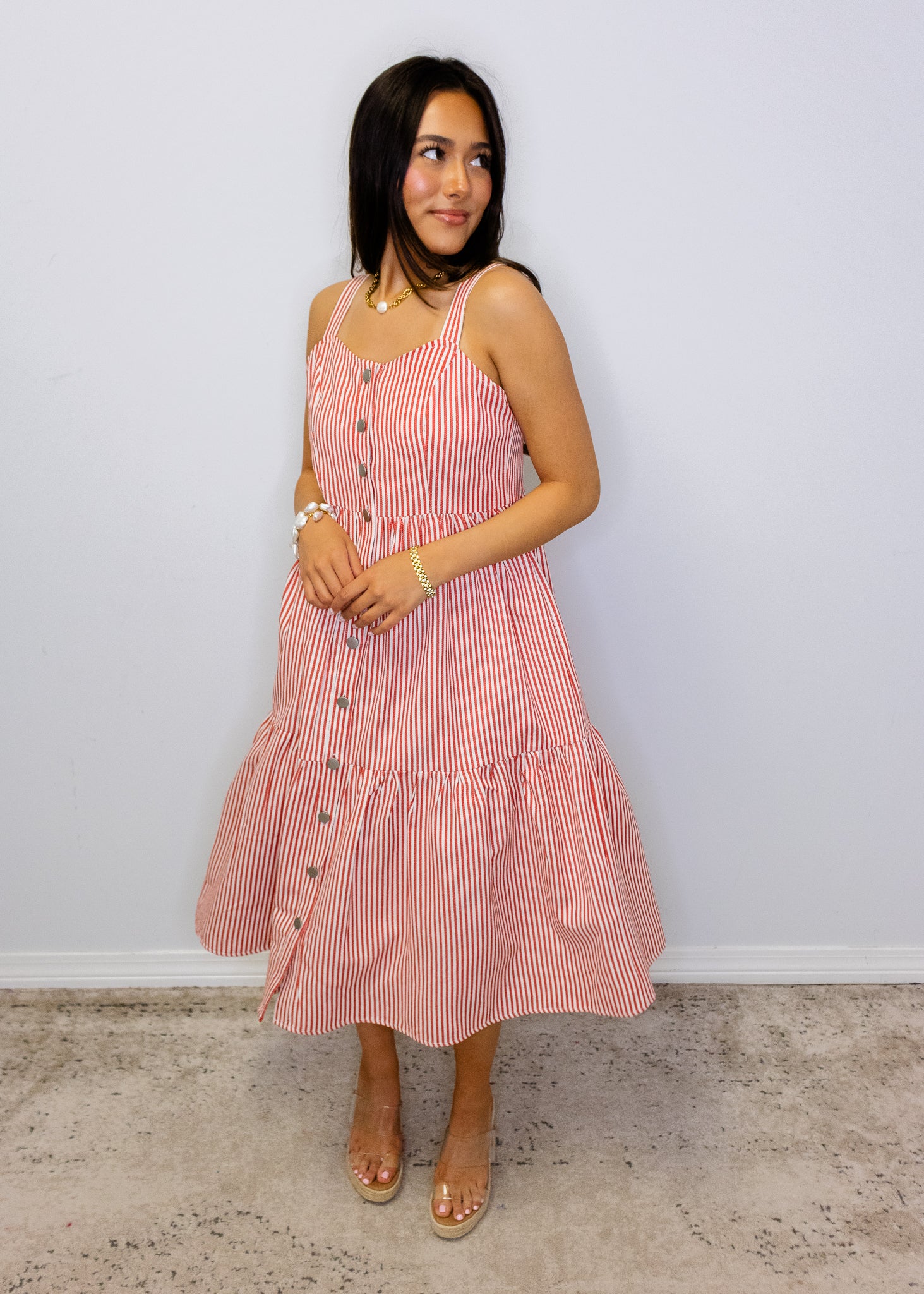 Red Striped Overall Midi Dress