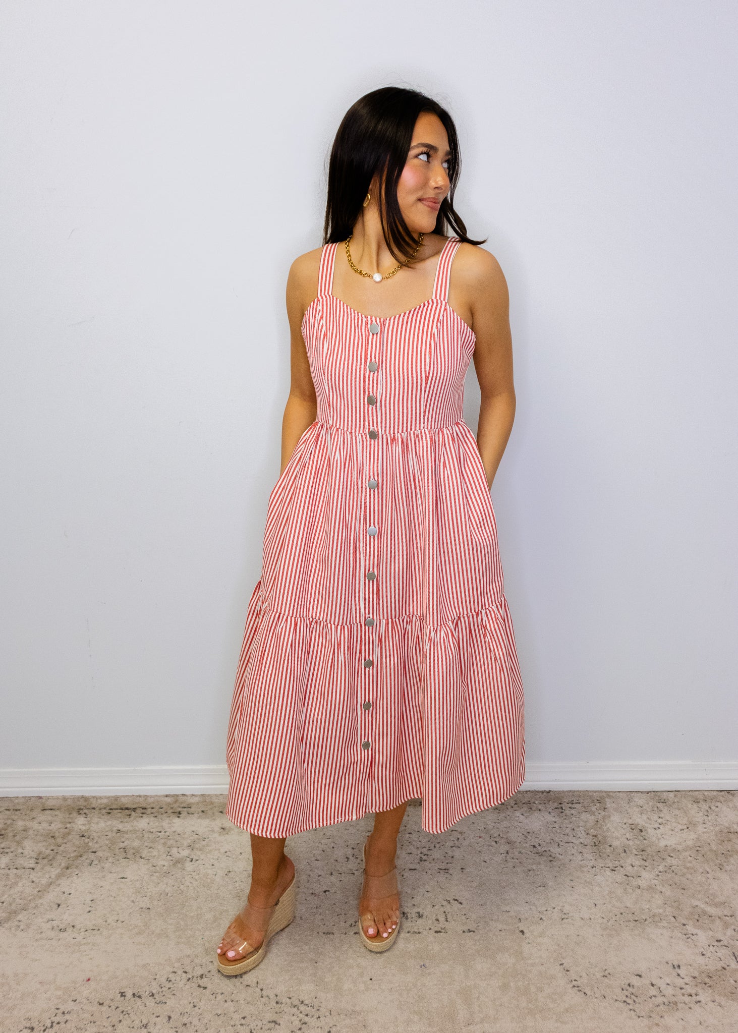 Red Striped Overall Midi Dress