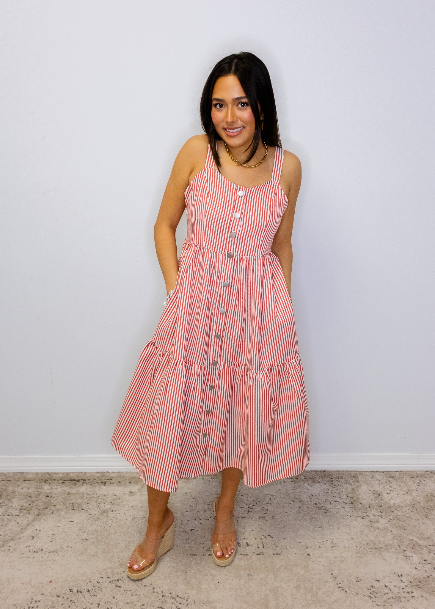 Red Striped Overall Midi Dress