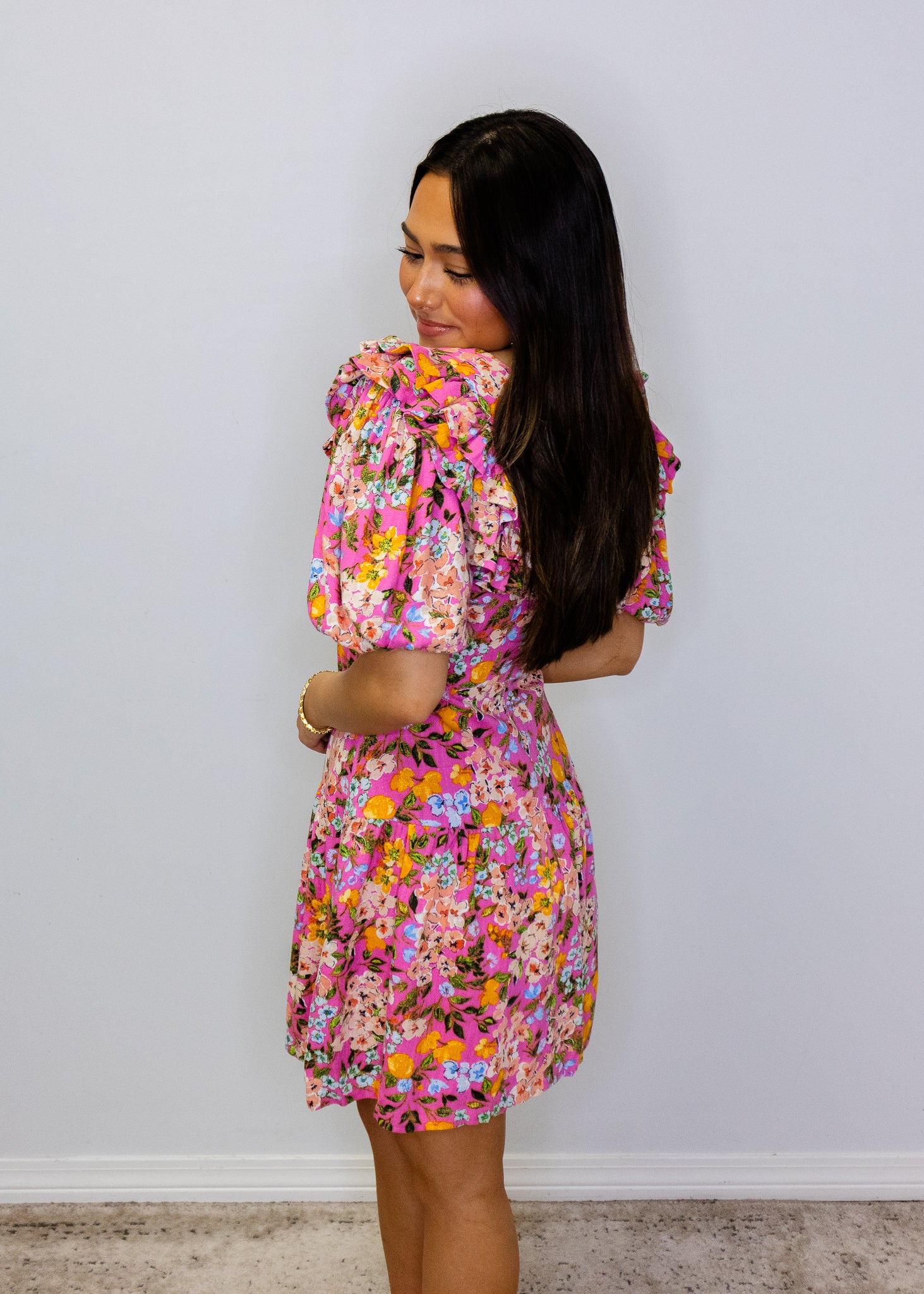 Pink Multi Floral Puff Sleeve Dress