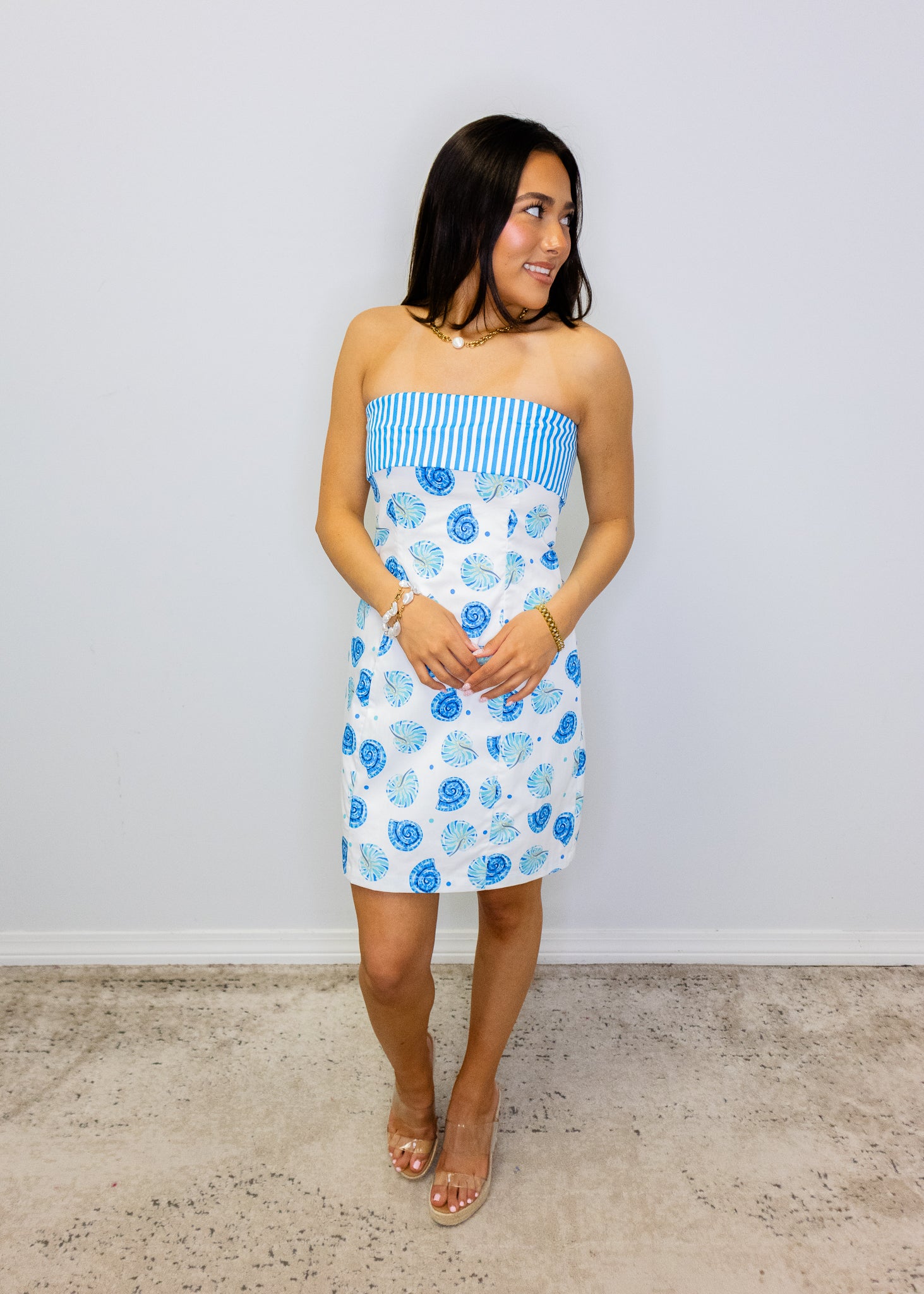 Blue Seashell Contrast Strapless Dress