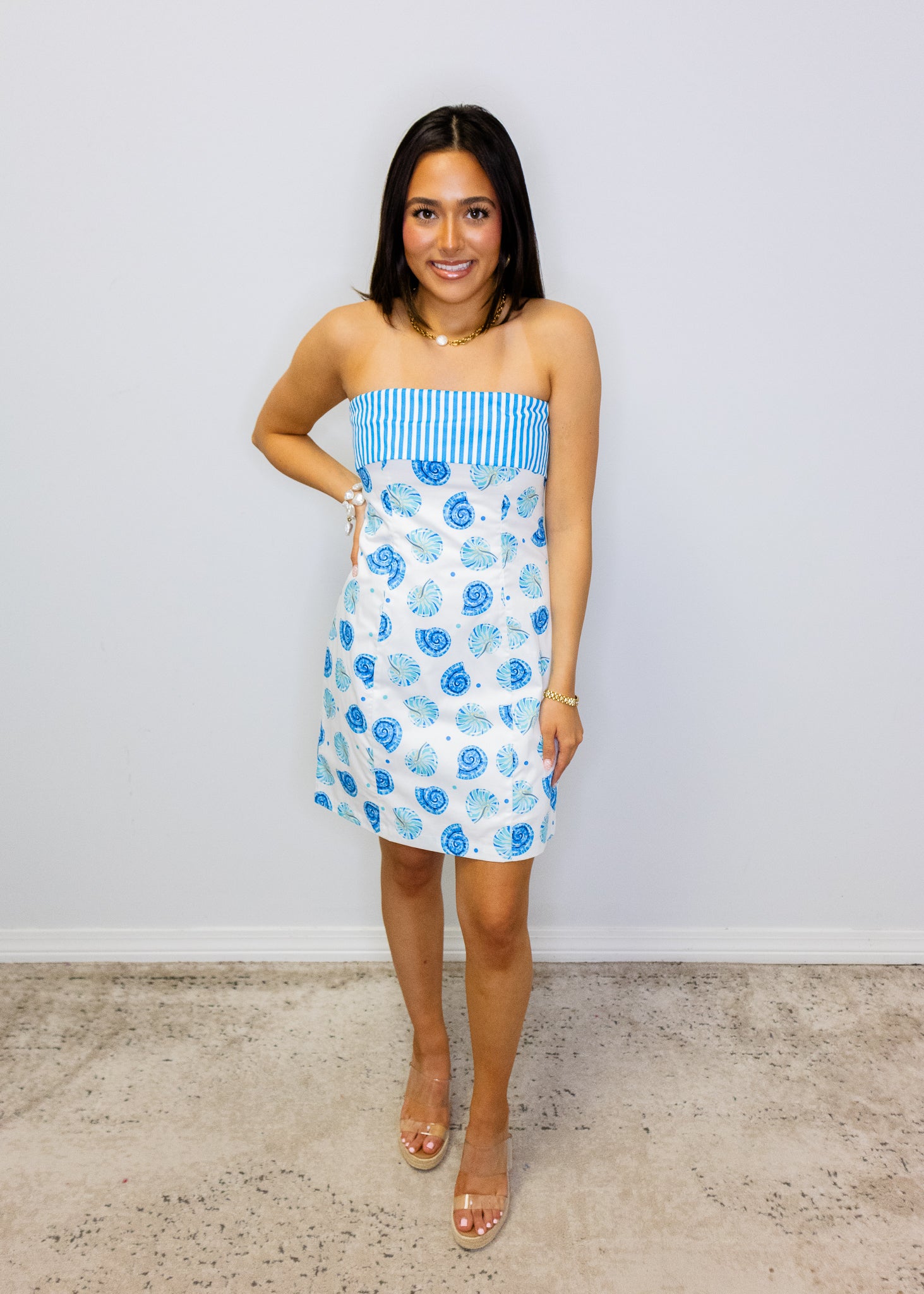 Blue Seashell Contrast Strapless Dress