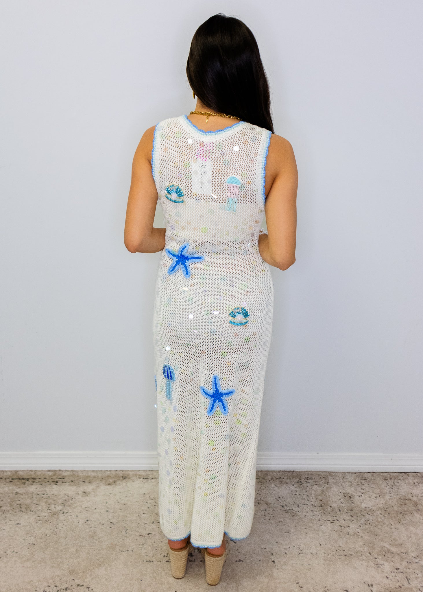 White & Blue Sea Icon Knit Pailette Tank Midi Dress