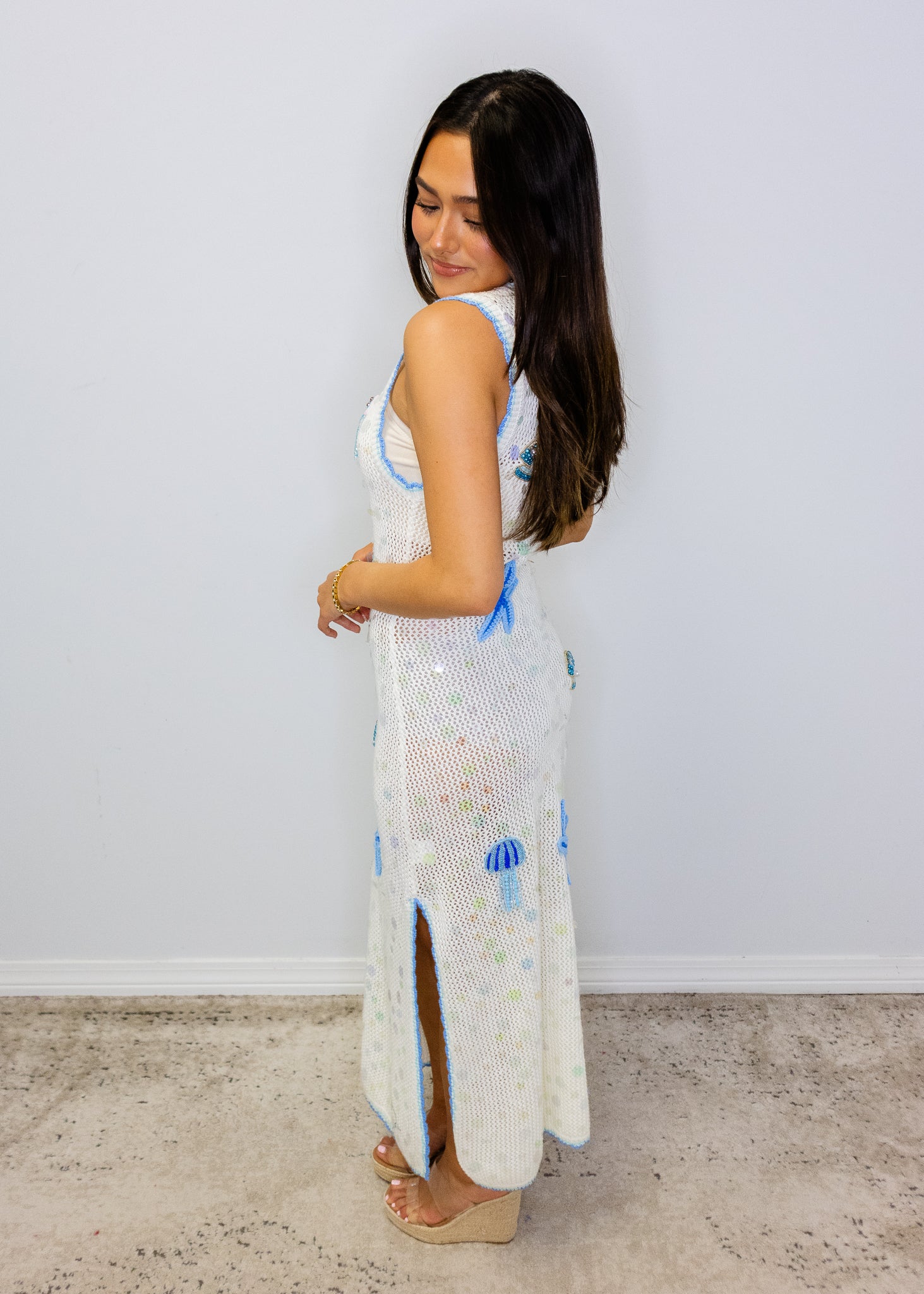 White & Blue Sea Icon Knit Pailette Tank Midi Dress