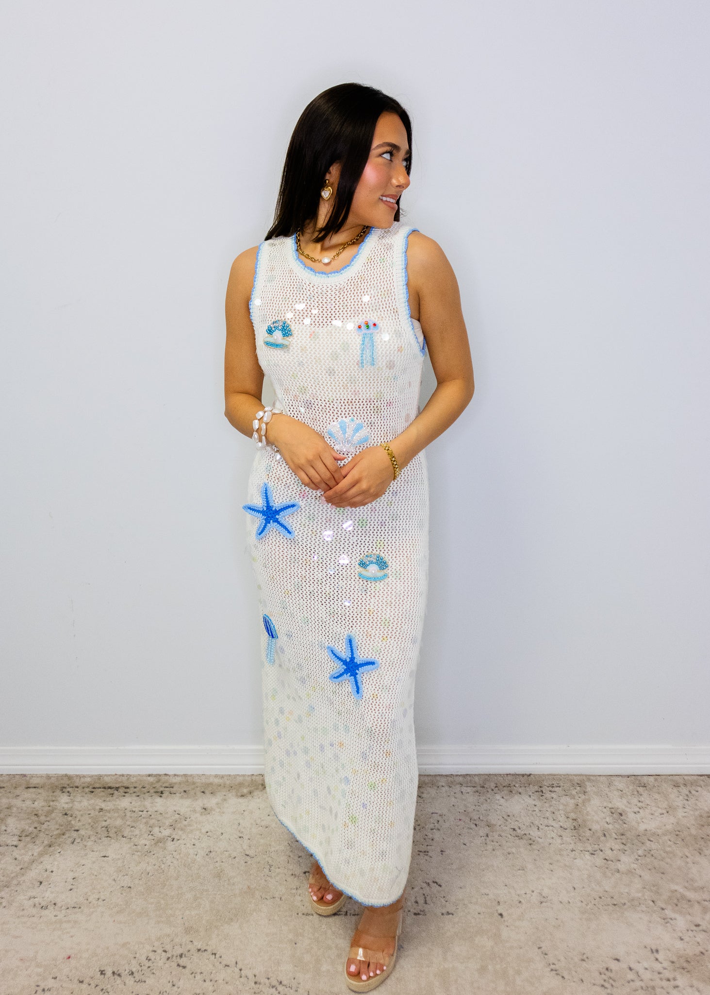 White & Blue Sea Icon Knit Pailette Tank Midi Dress Medium