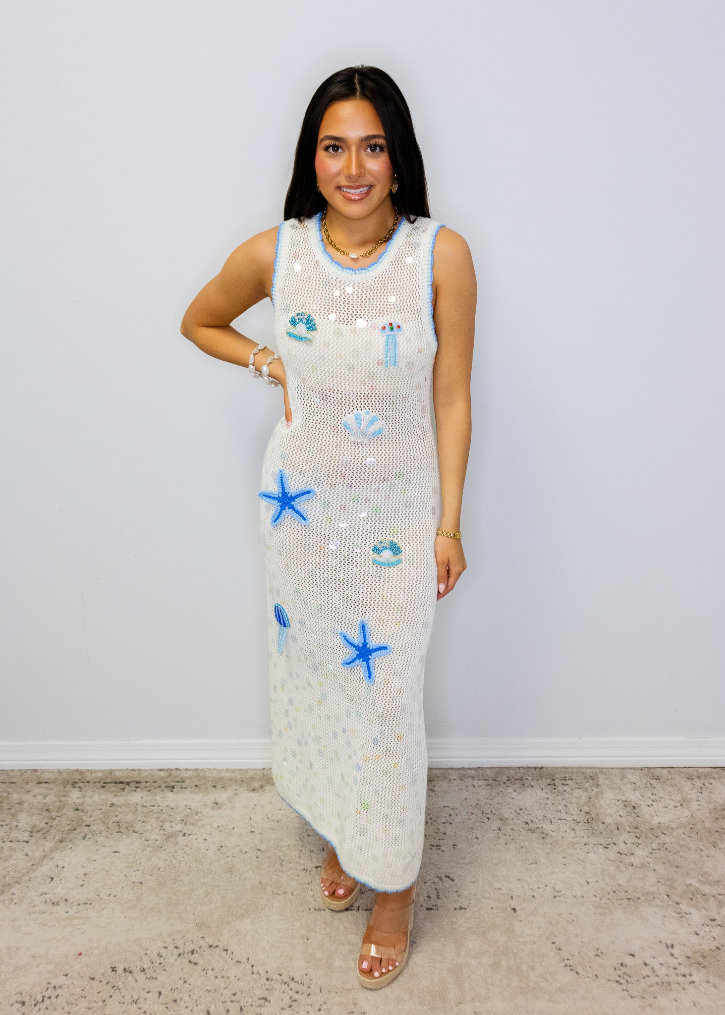 White & Blue Sea Icon Knit Pailette Tank Midi Dress