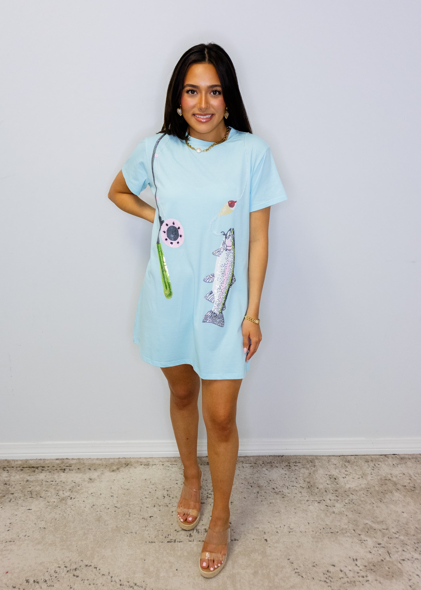 Blue Fish on Fishing Rod Tee Dress