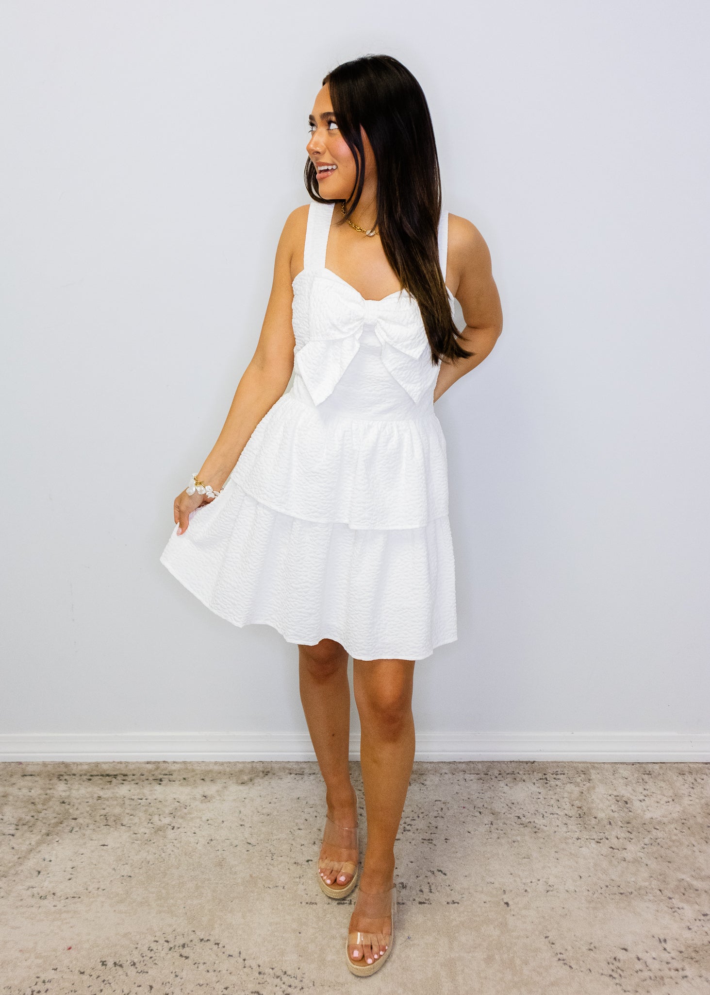White Textured Bow Mini Dress