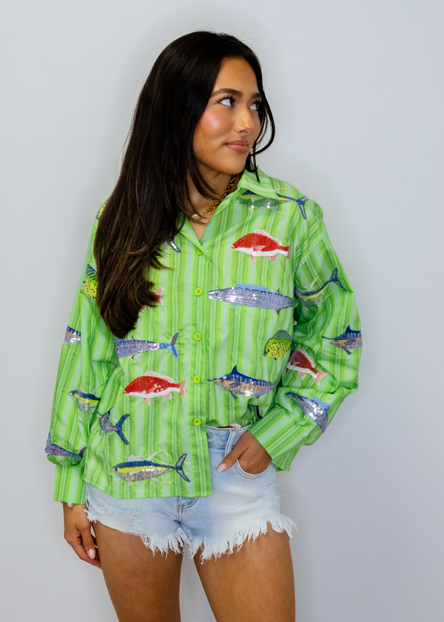 Green Striped Multi Fish Button Up Top