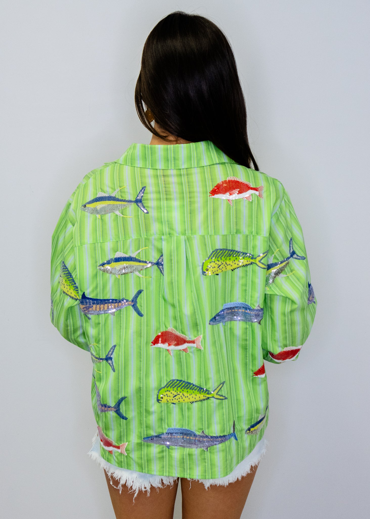 Green Striped Multi Fish Button Up Top