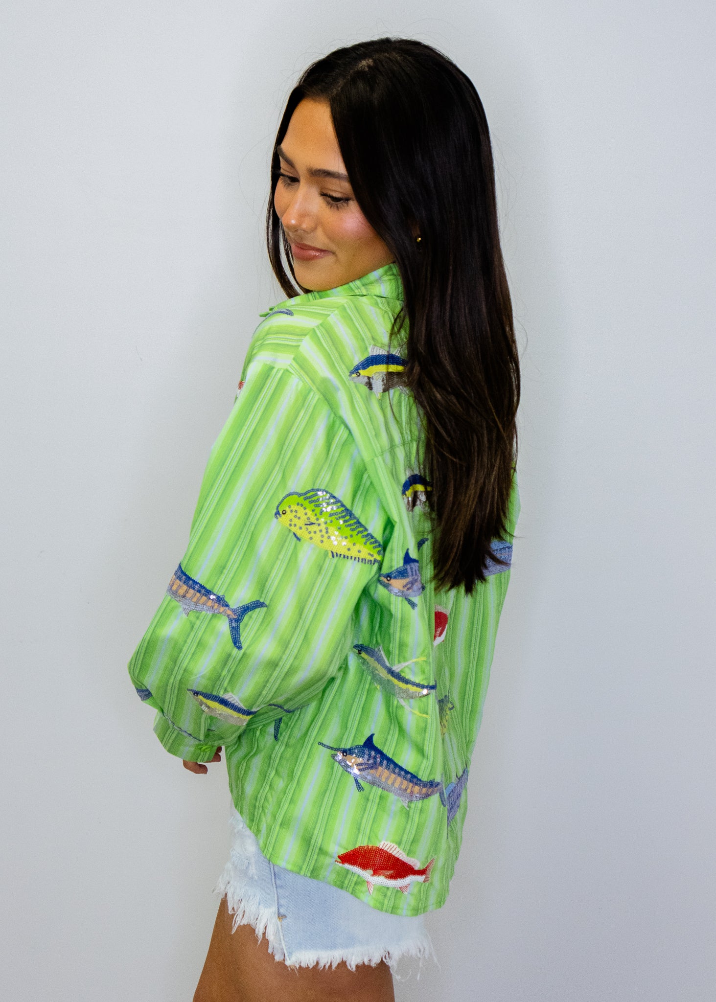 Green Striped Multi Fish Button Up Top