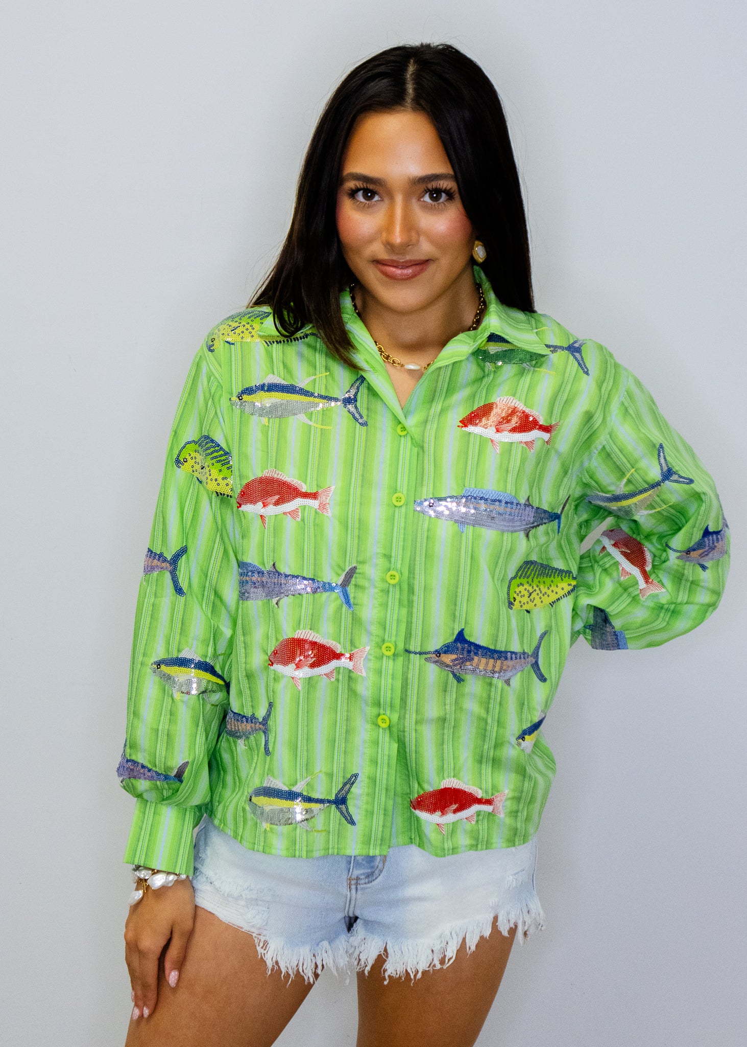 Green Striped Multi Fish Button Up Top