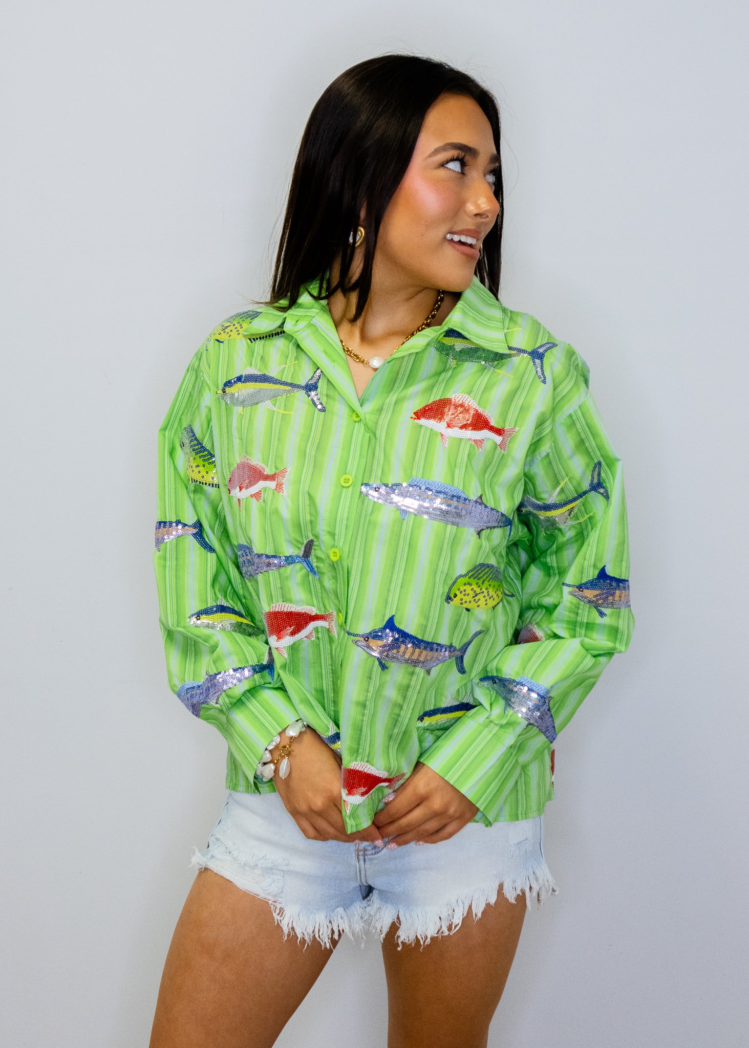 Green Striped Multi Fish Button Up Top