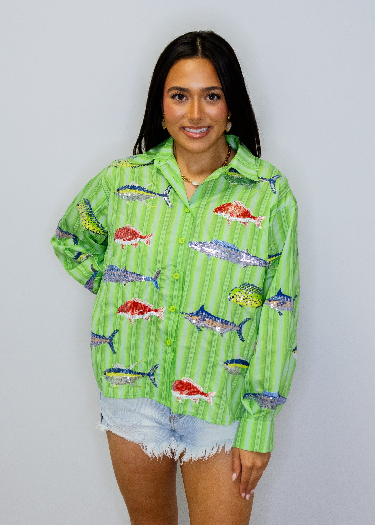 Green Striped Multi Fish Button Up Top