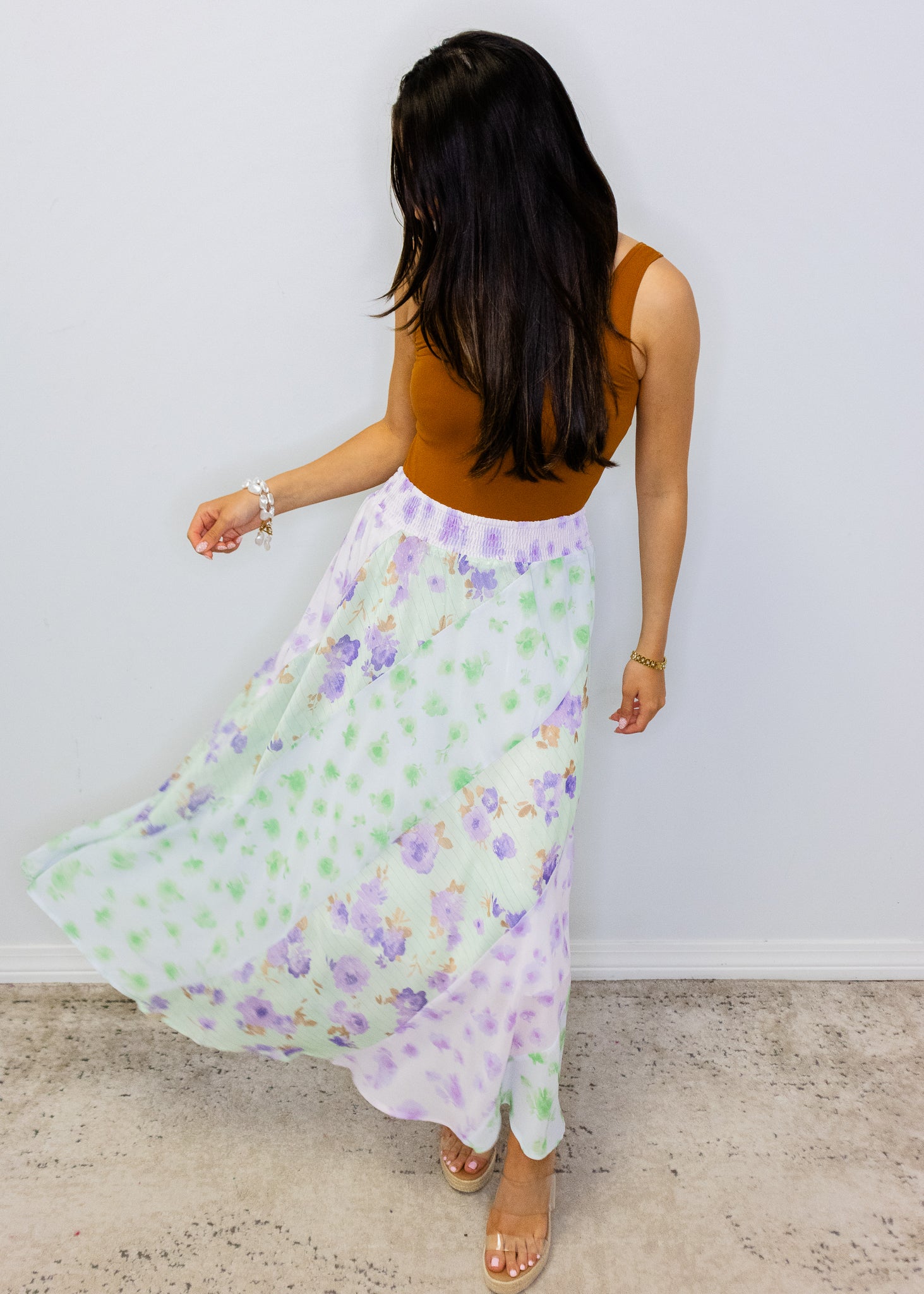 Green & Lavender Floral Print Skirt
