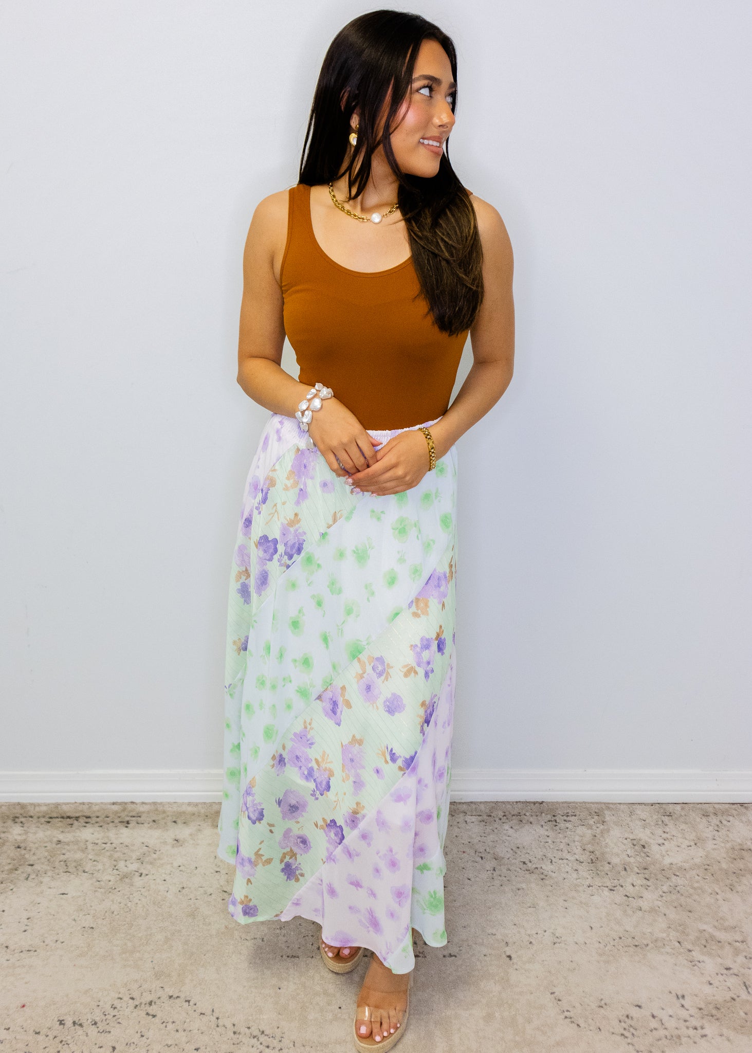 Green & Lavender Floral Print Skirt