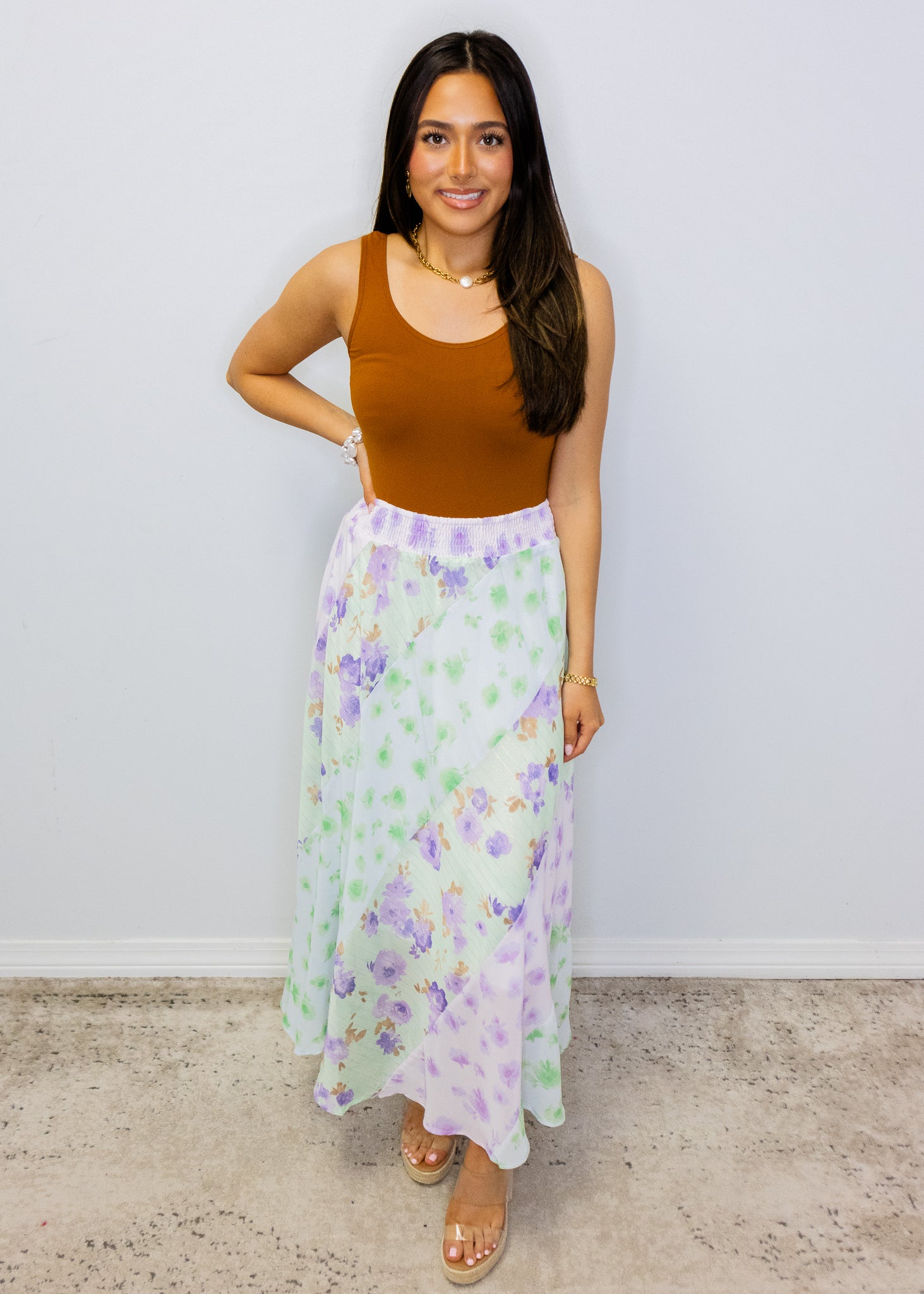 Green & Lavender Floral Print Skirt