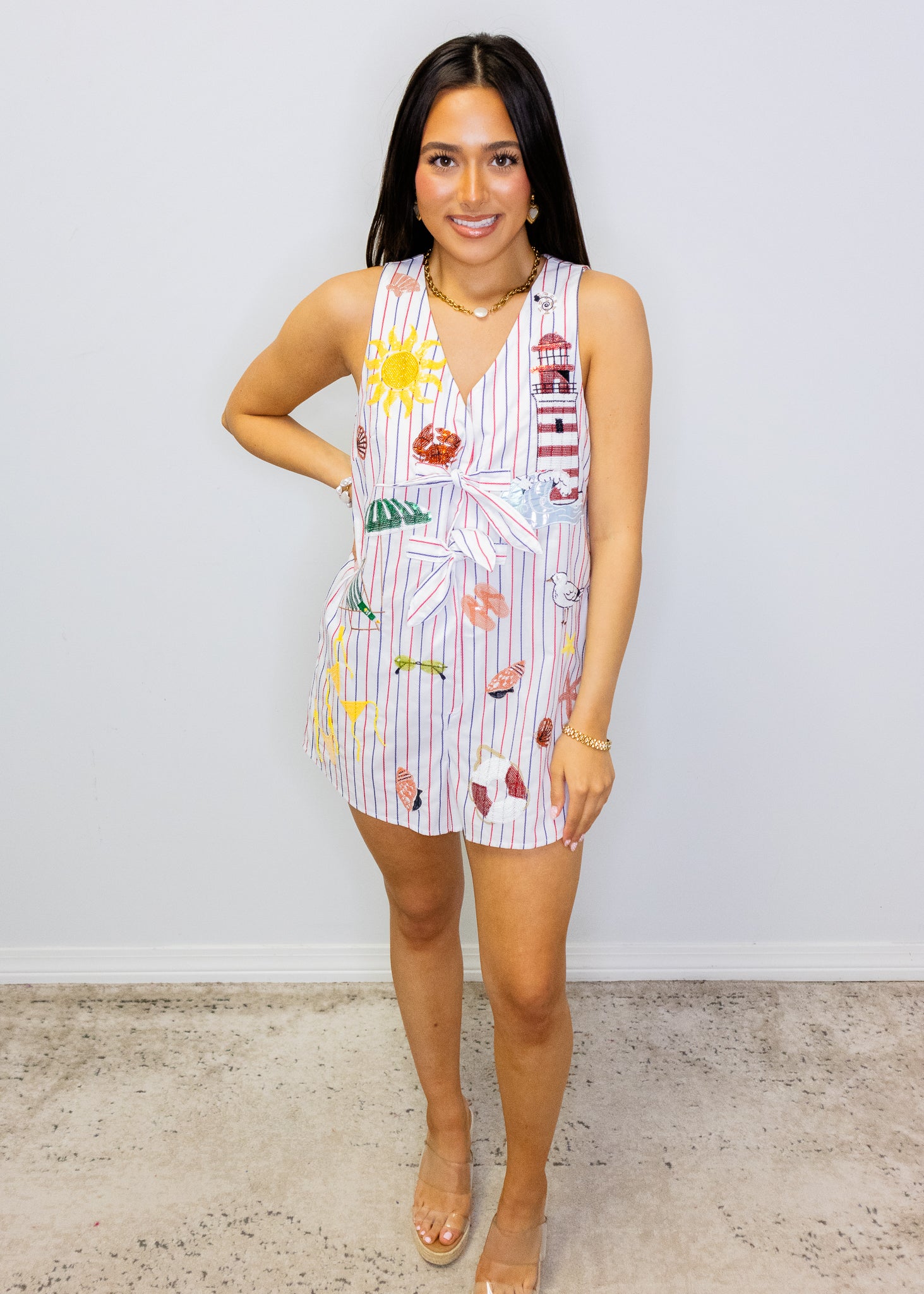 Multi Striped Beach Icon Tie Cotton Romper