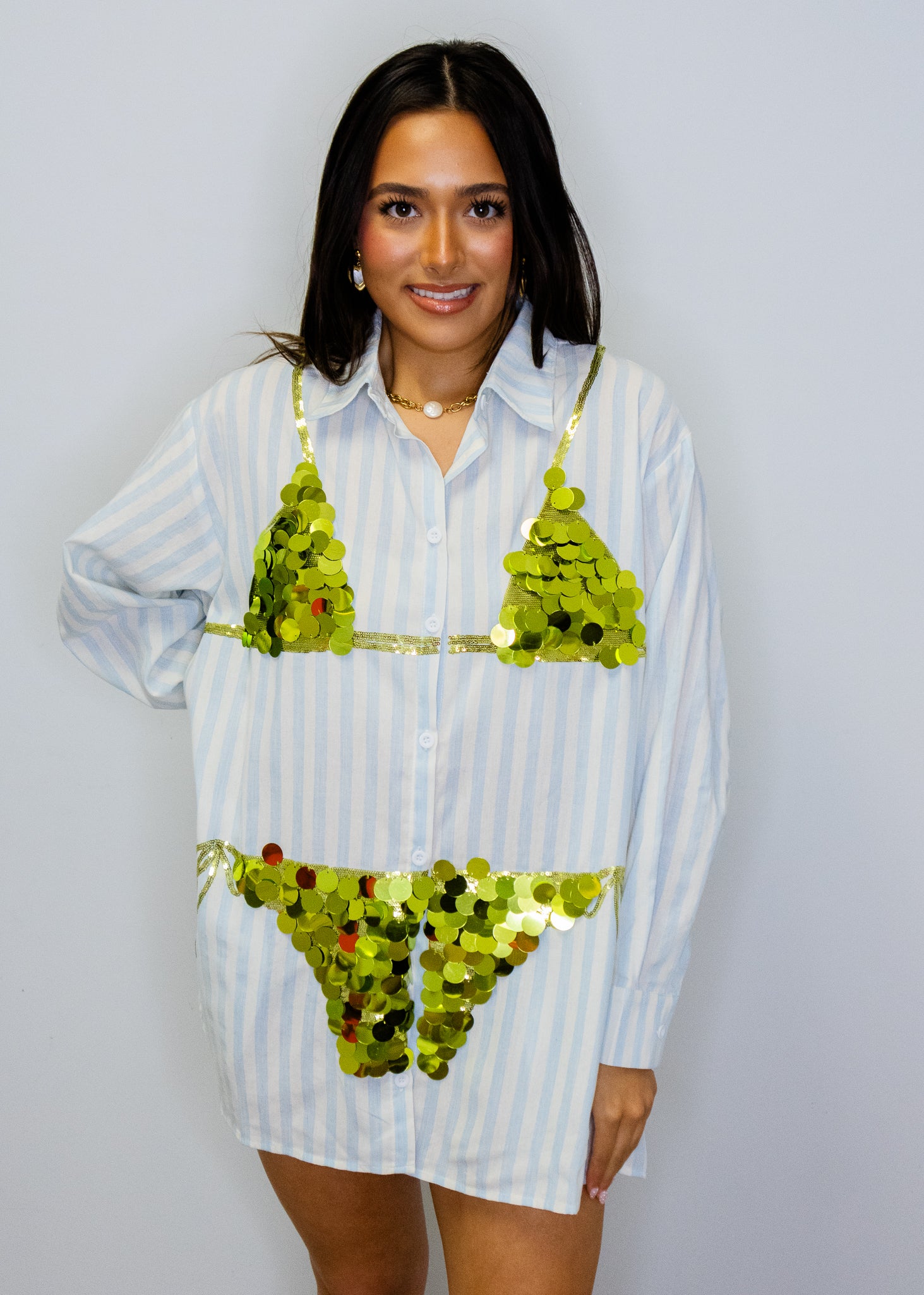 Blue & White Stripe Cotton Button Up With Gold Bikini Tunic
