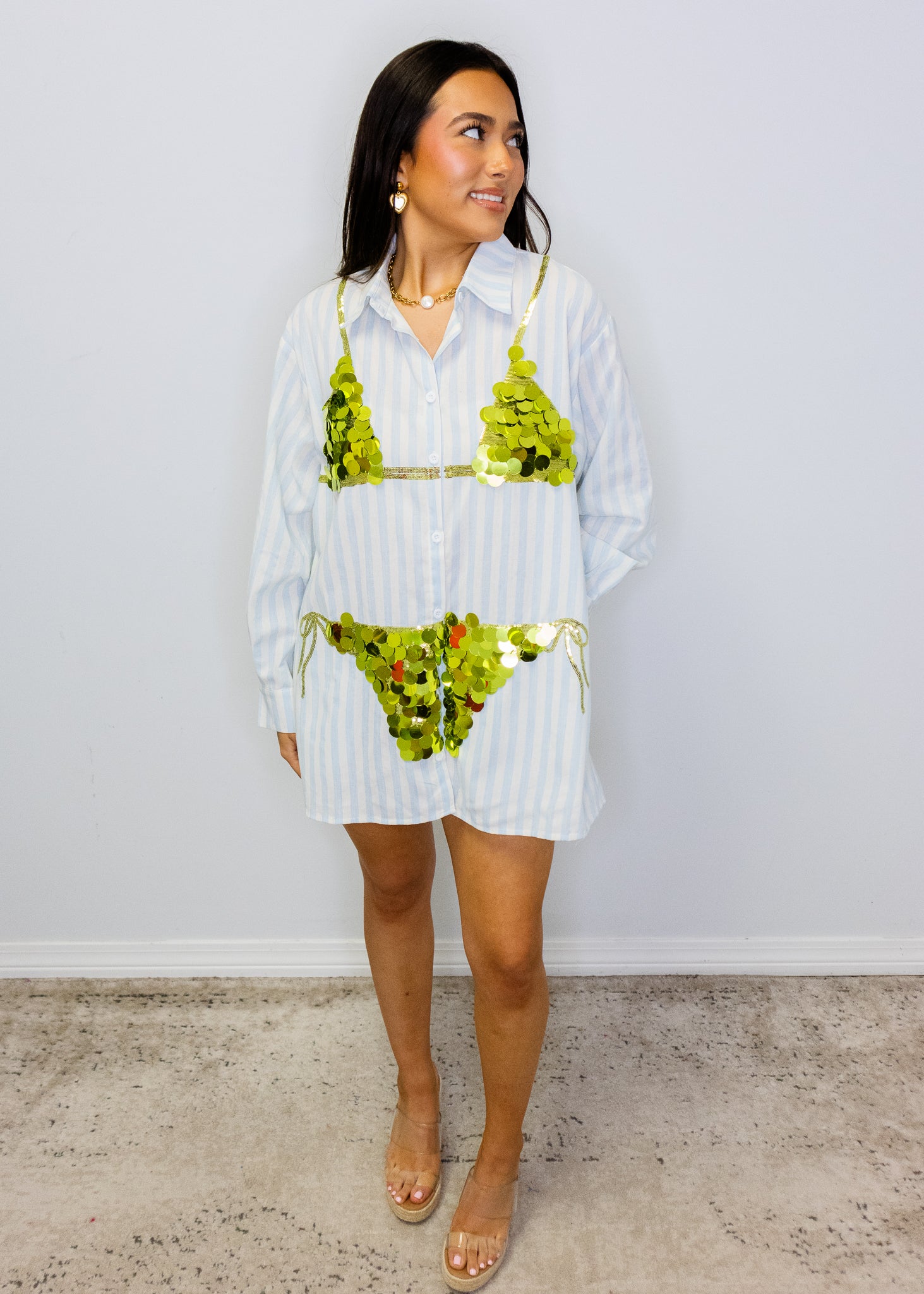 Blue & White Stripe Cotton Button Up With Gold Bikini Tunic
