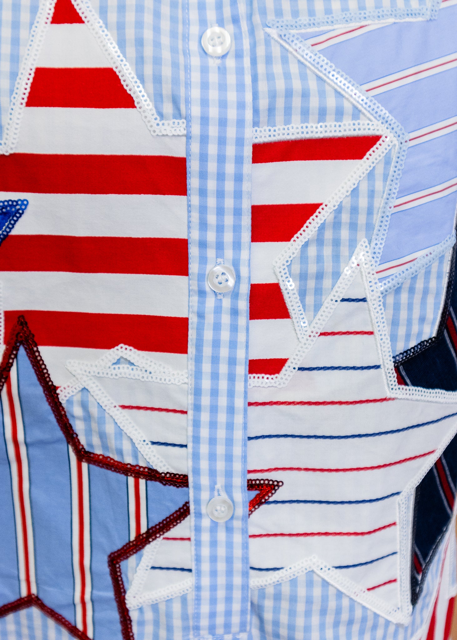 Blue & White Gingham USA Stripe Patch Stars Romper