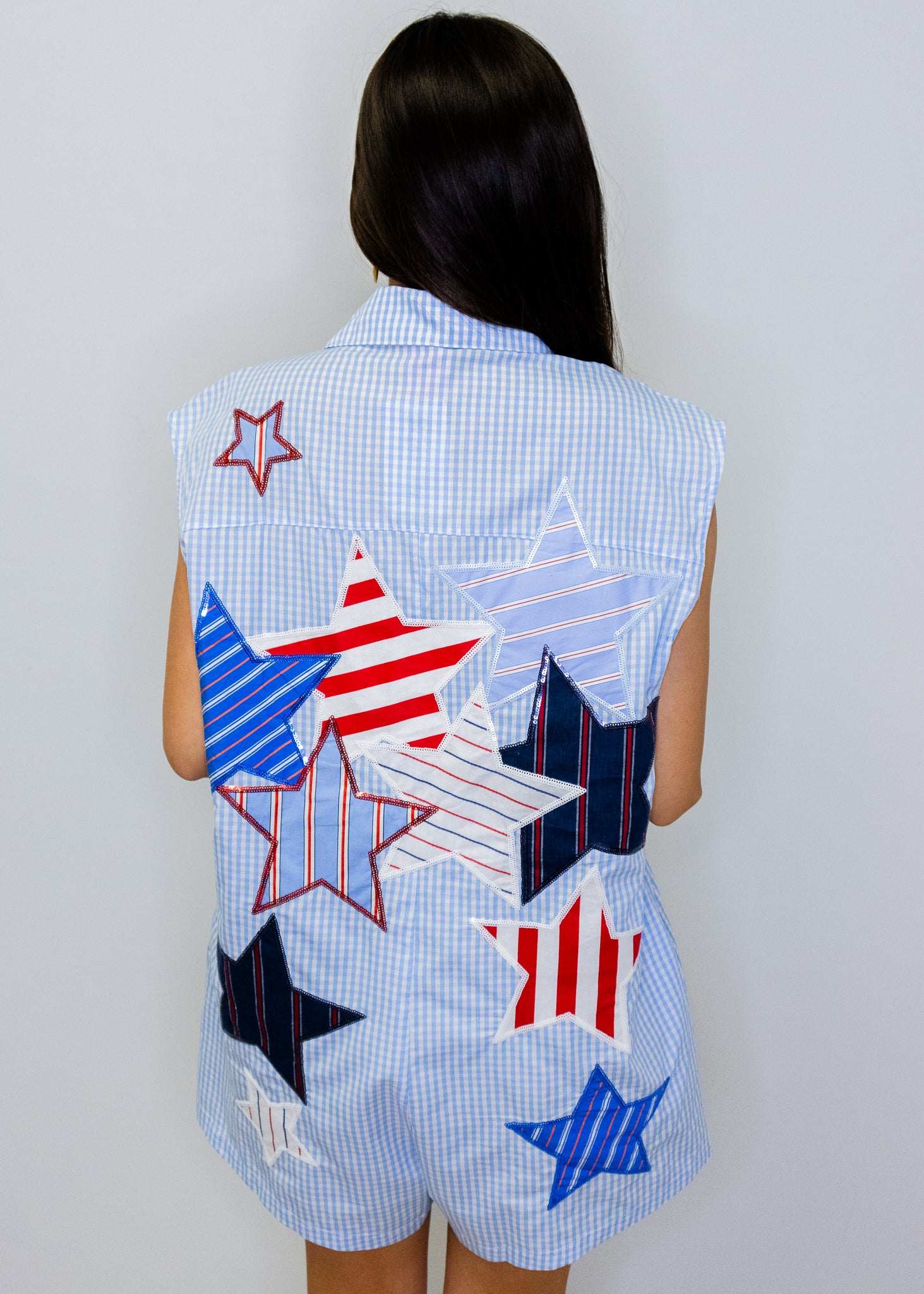 Blue & White Gingham USA Stripe Patch Stars Romper