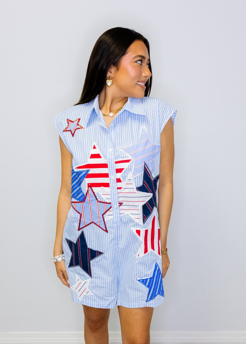 Blue & White Gingham USA Stripe Patch Stars Romper