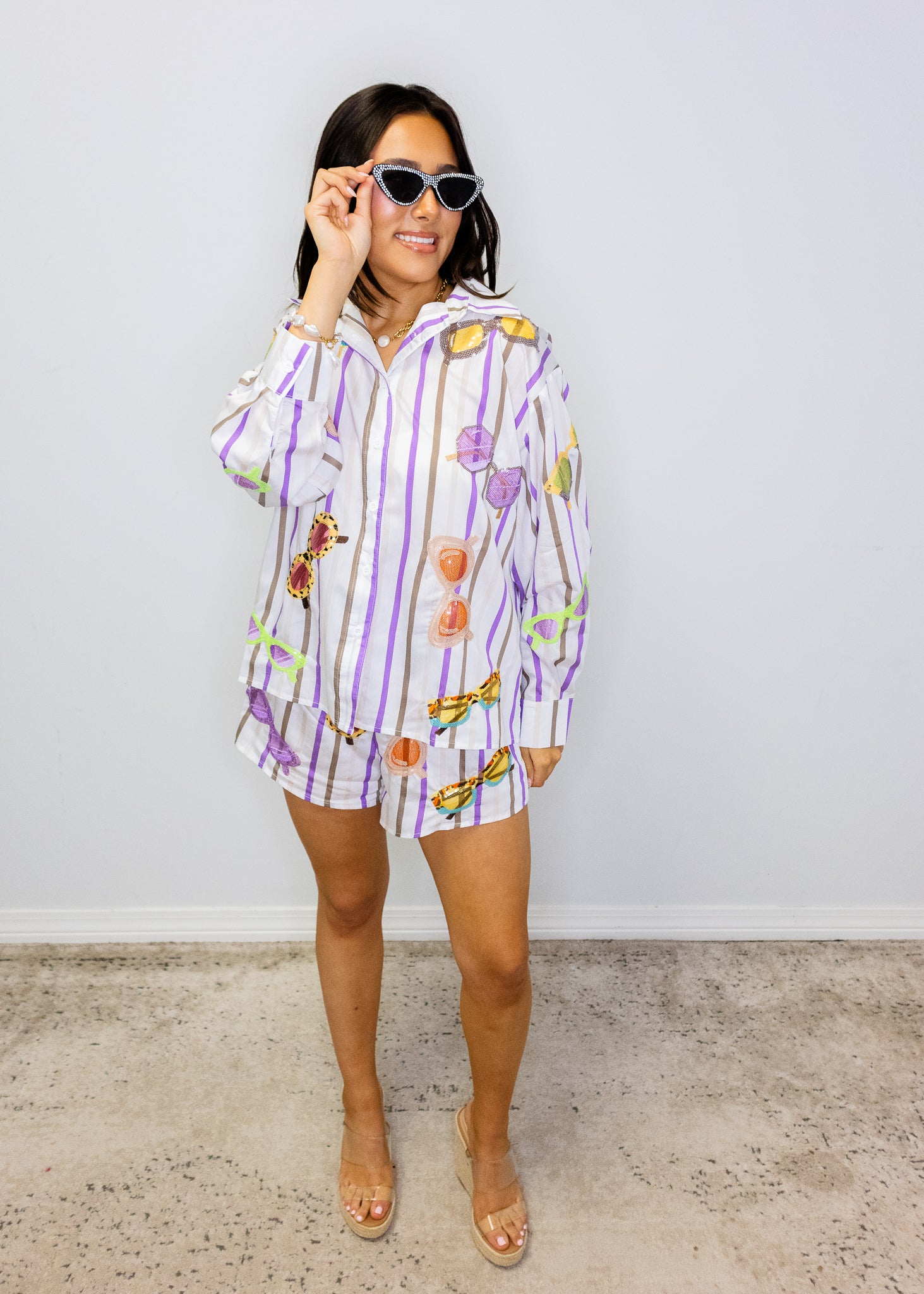 Multi Stripe Sunglasses Cotton Button Up Top