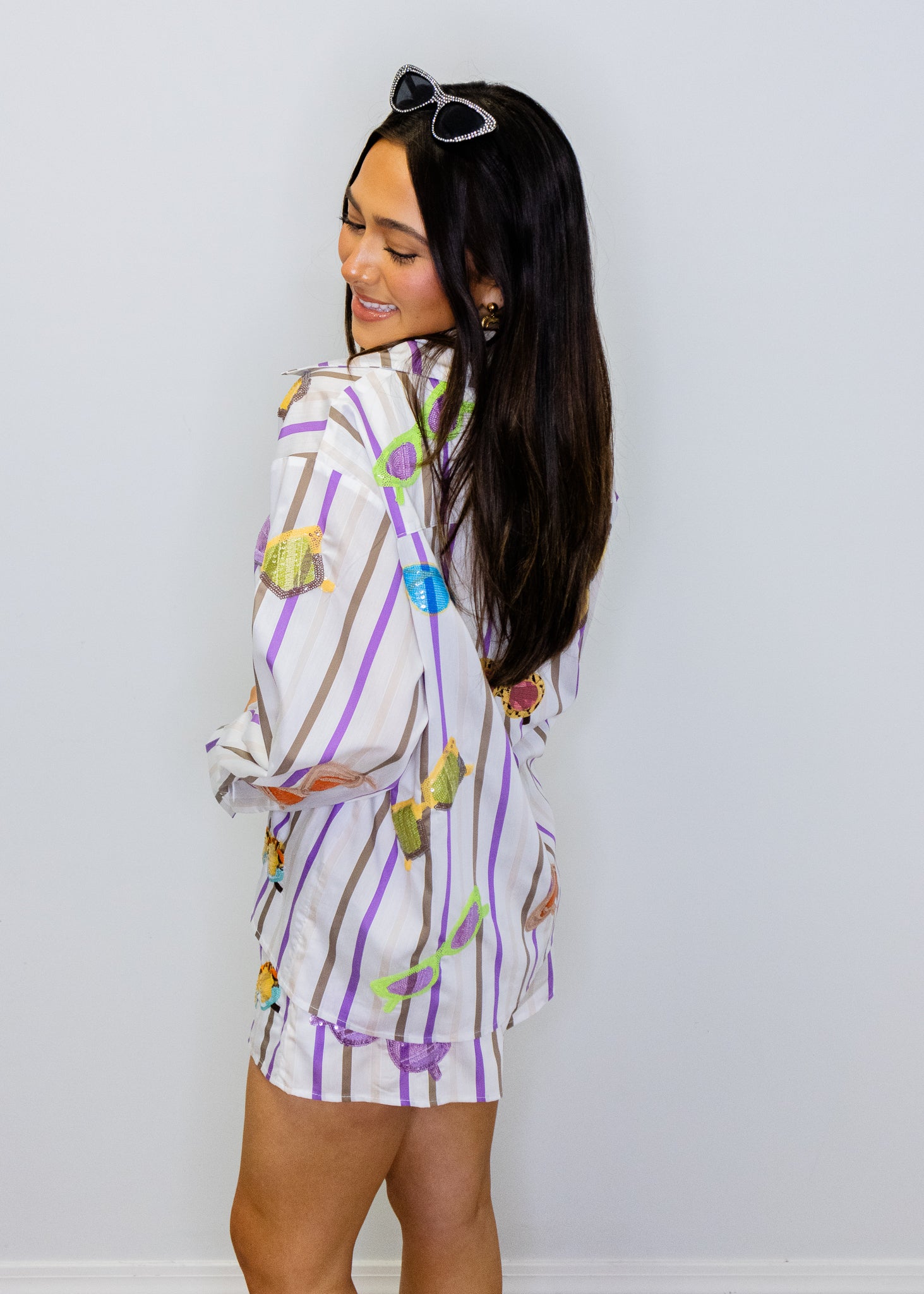 Multi Stripe Sunglasses Cotton Button Up Top