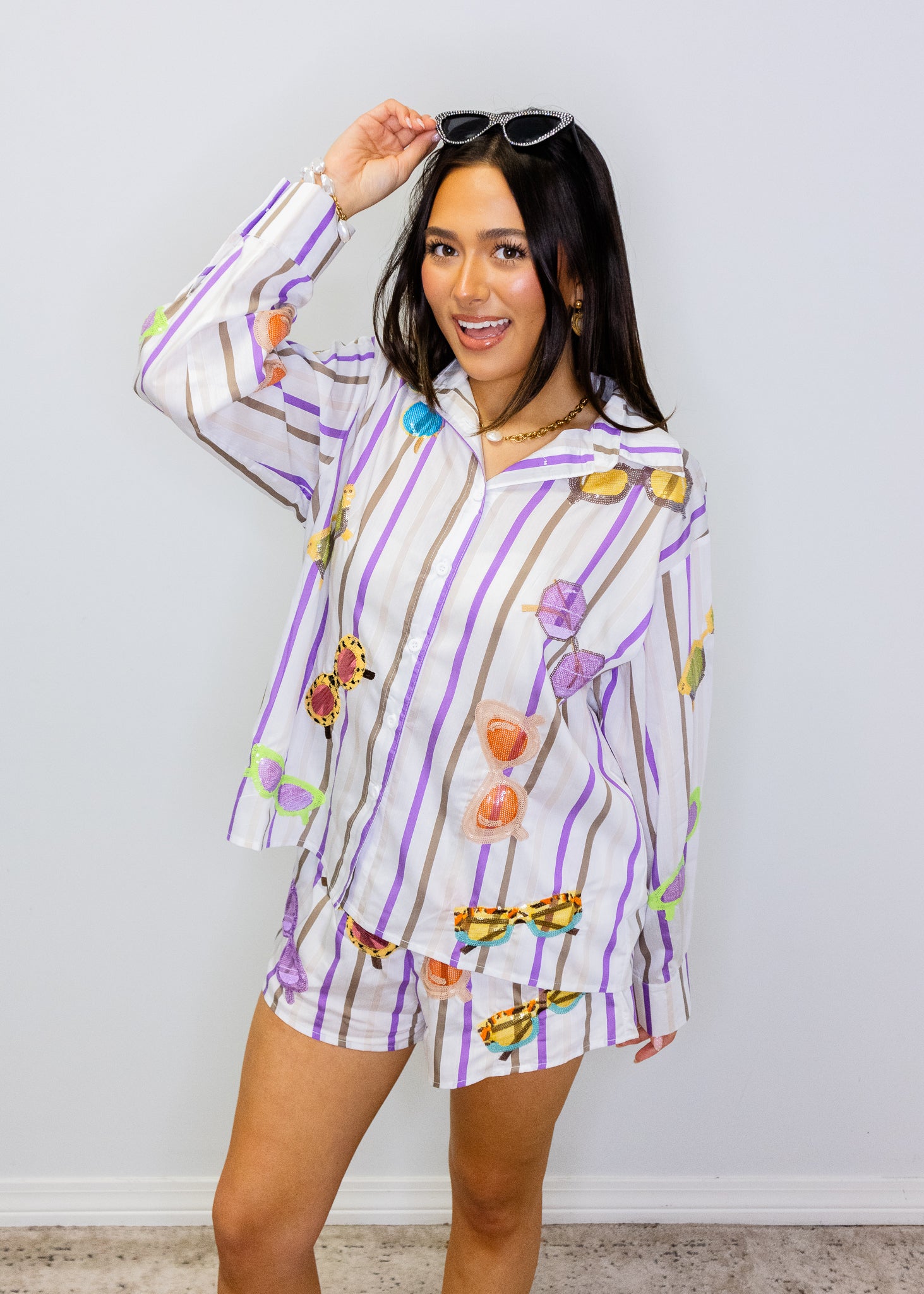 Multi Stripe Sunglasses Cotton Button Up Top