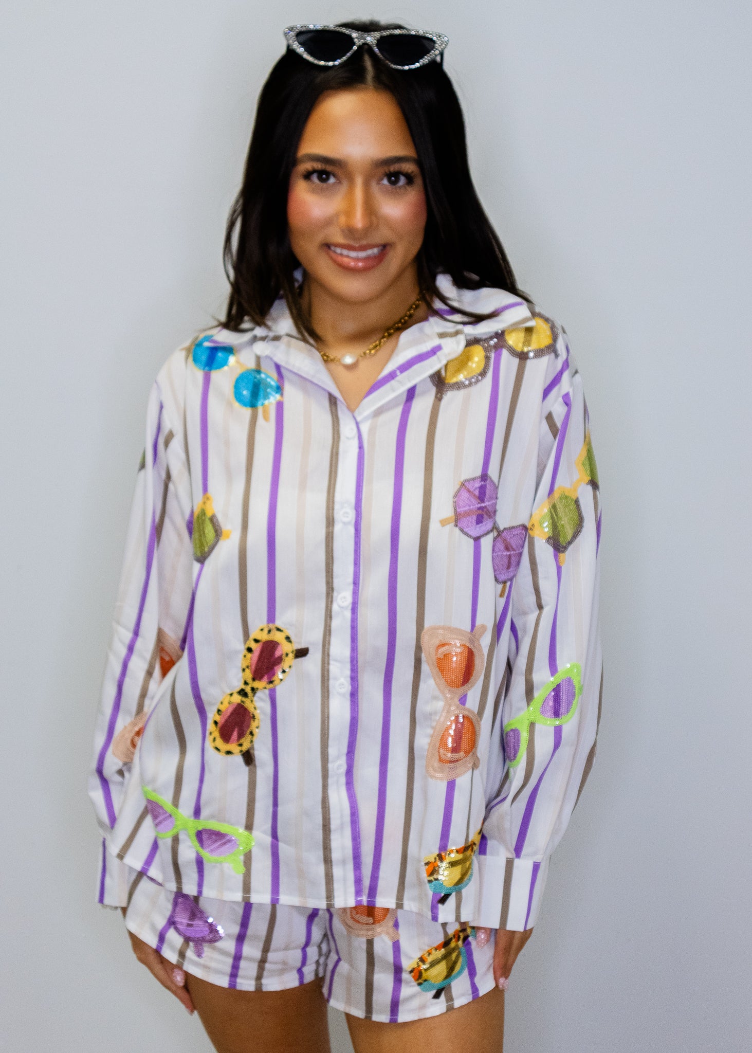Multi Stripe Sunglasses Cotton Button Up Top