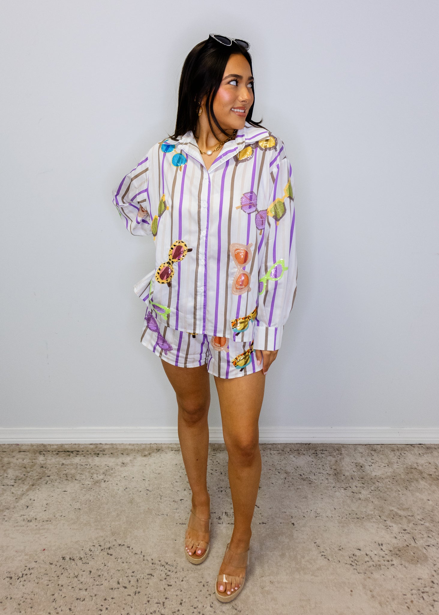 Multi Stripe Sunglasses Cotton Button Up Top