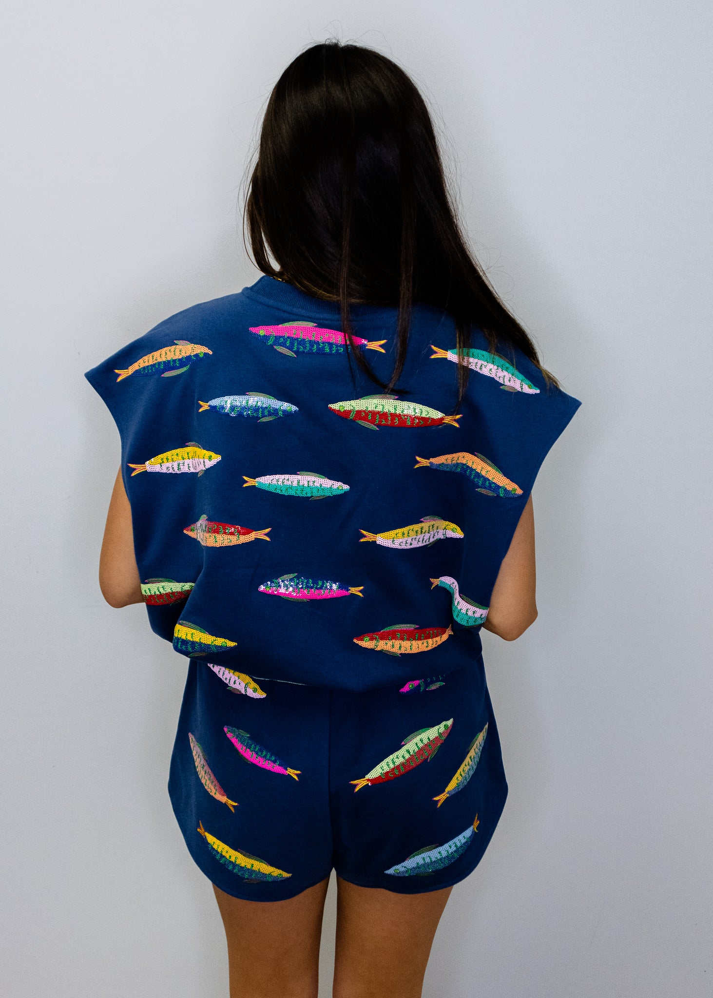 Navy Multi Fish Tie Shorts