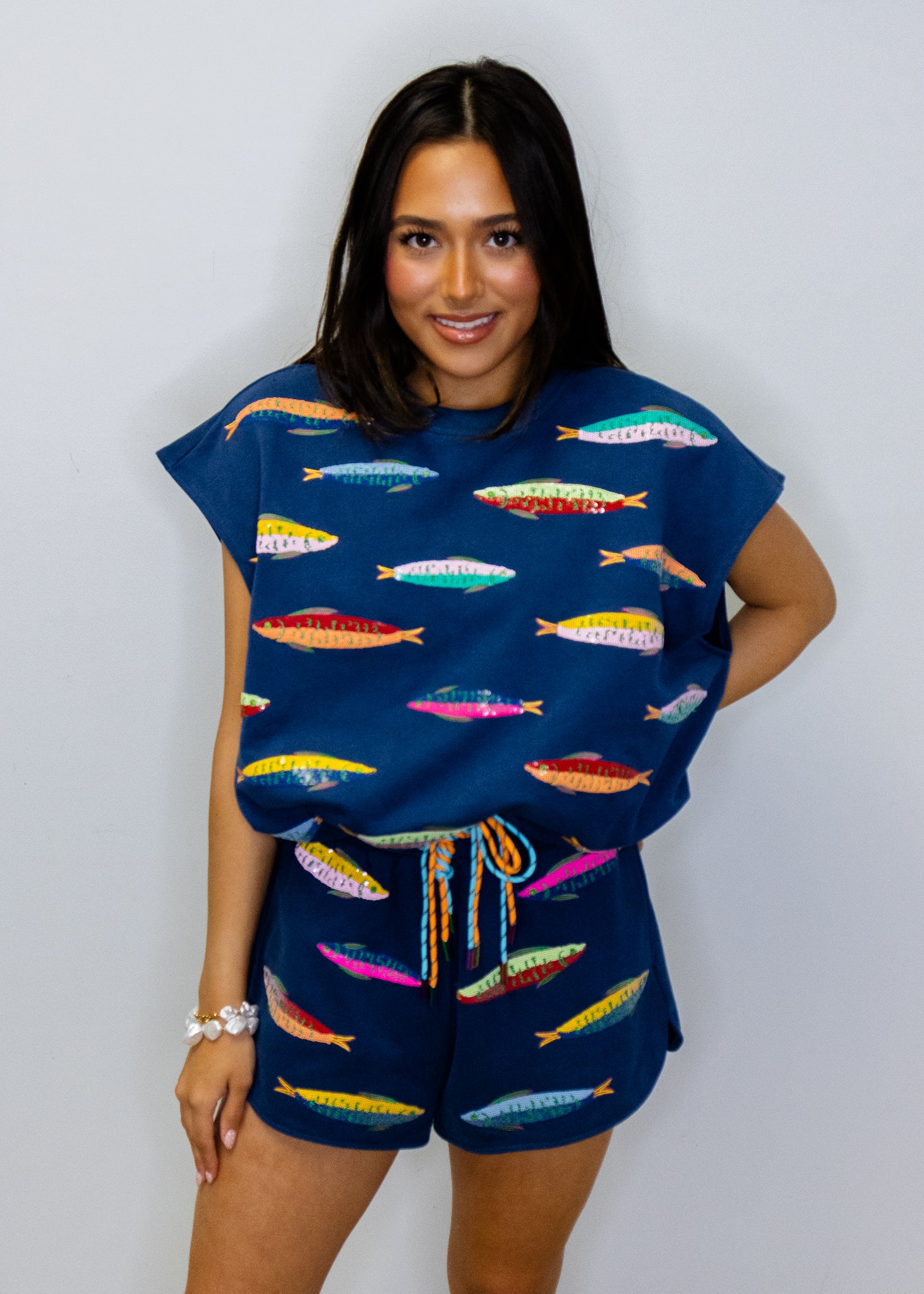 Navy Multi Fish Tie Shorts