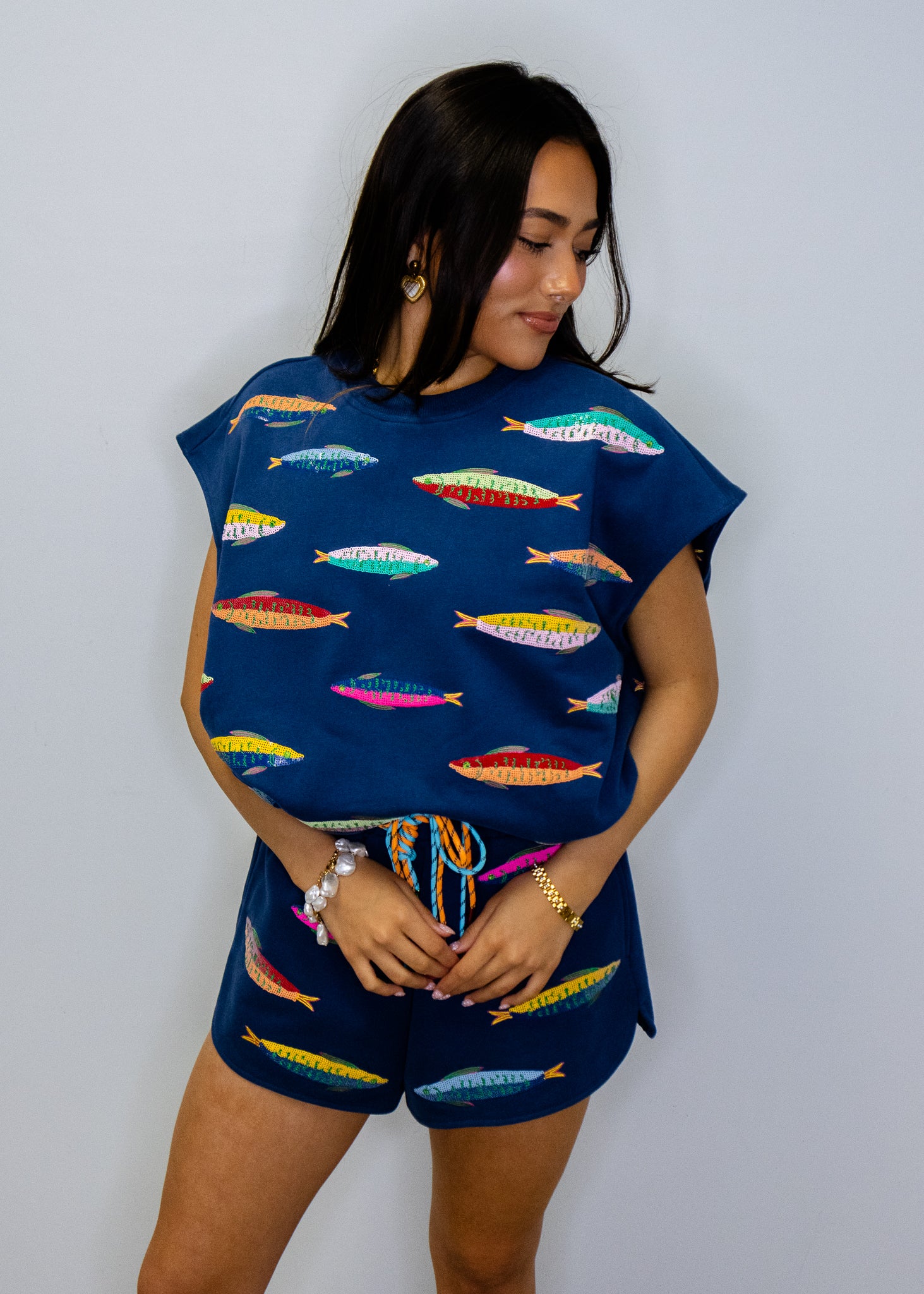 Navy Multi Fish Tie Shorts